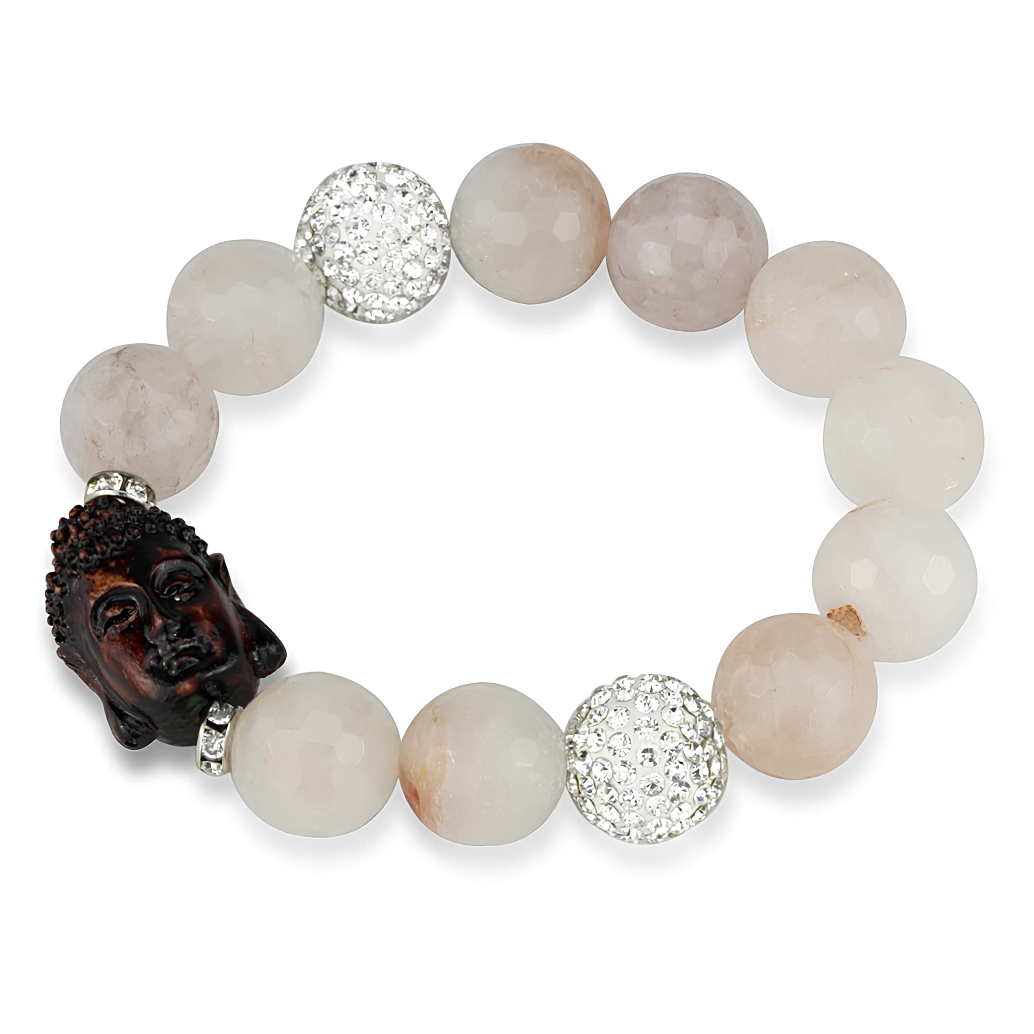 Brass White Pink Agate Buddha CZ Ball Bead Stretch Bracelet