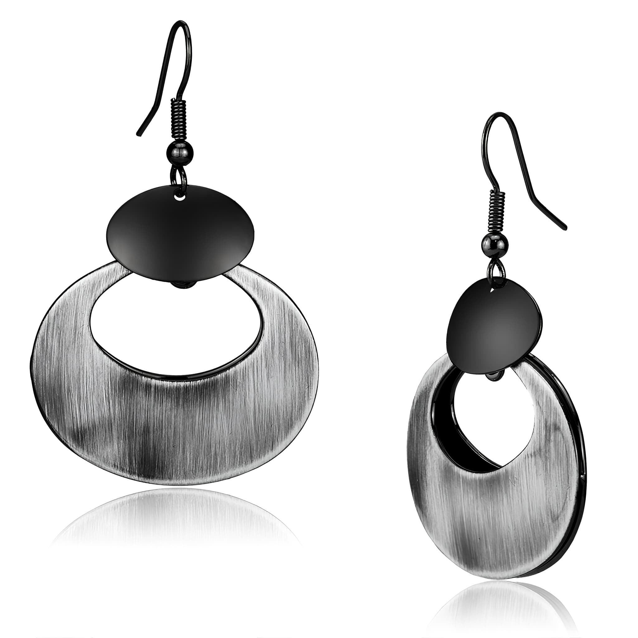 Iron Gunmetal Brushed Satin Oval Cutout Disc Drop Earrings