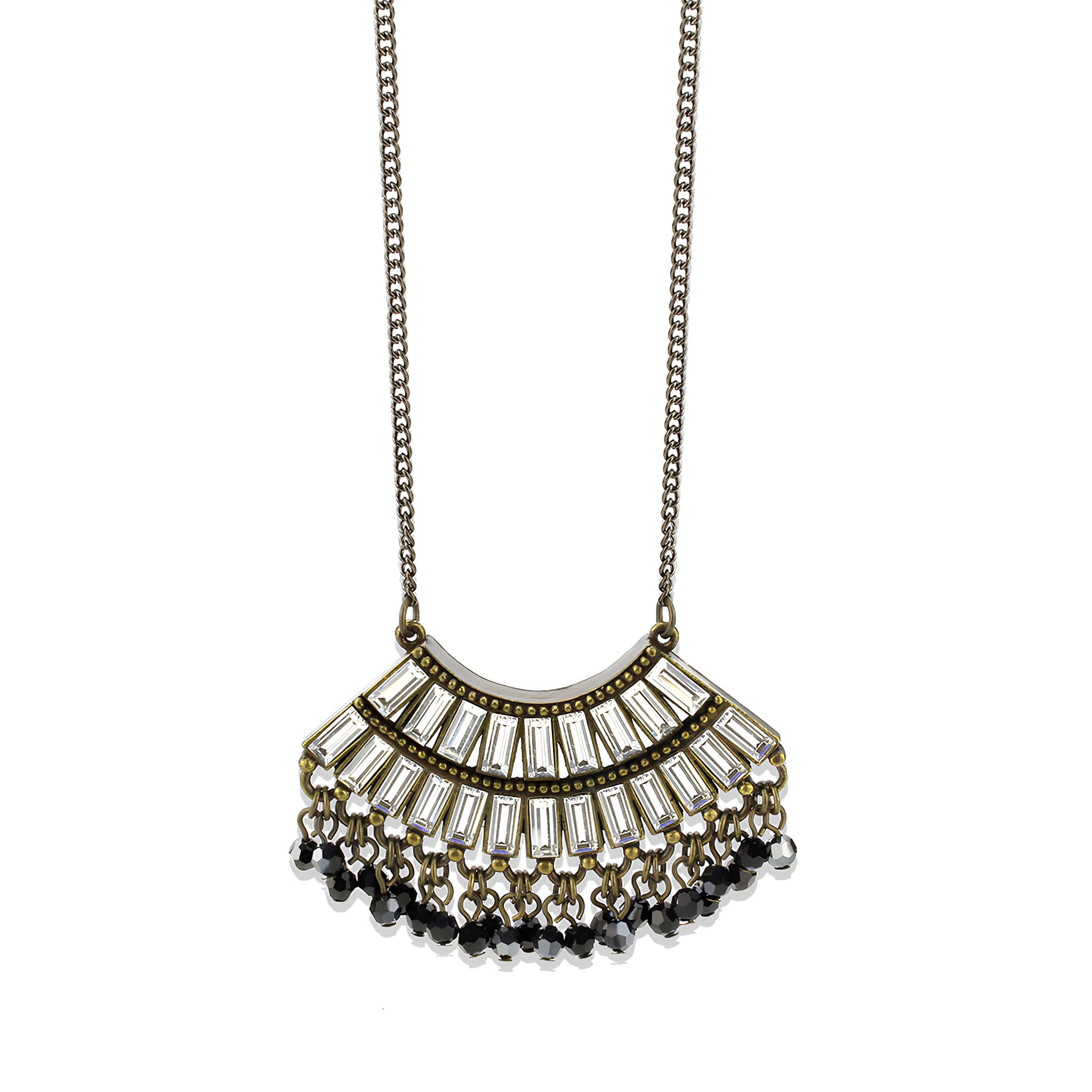 Brass Antique Gold Crystal Baguette Fan Pendant Necklace