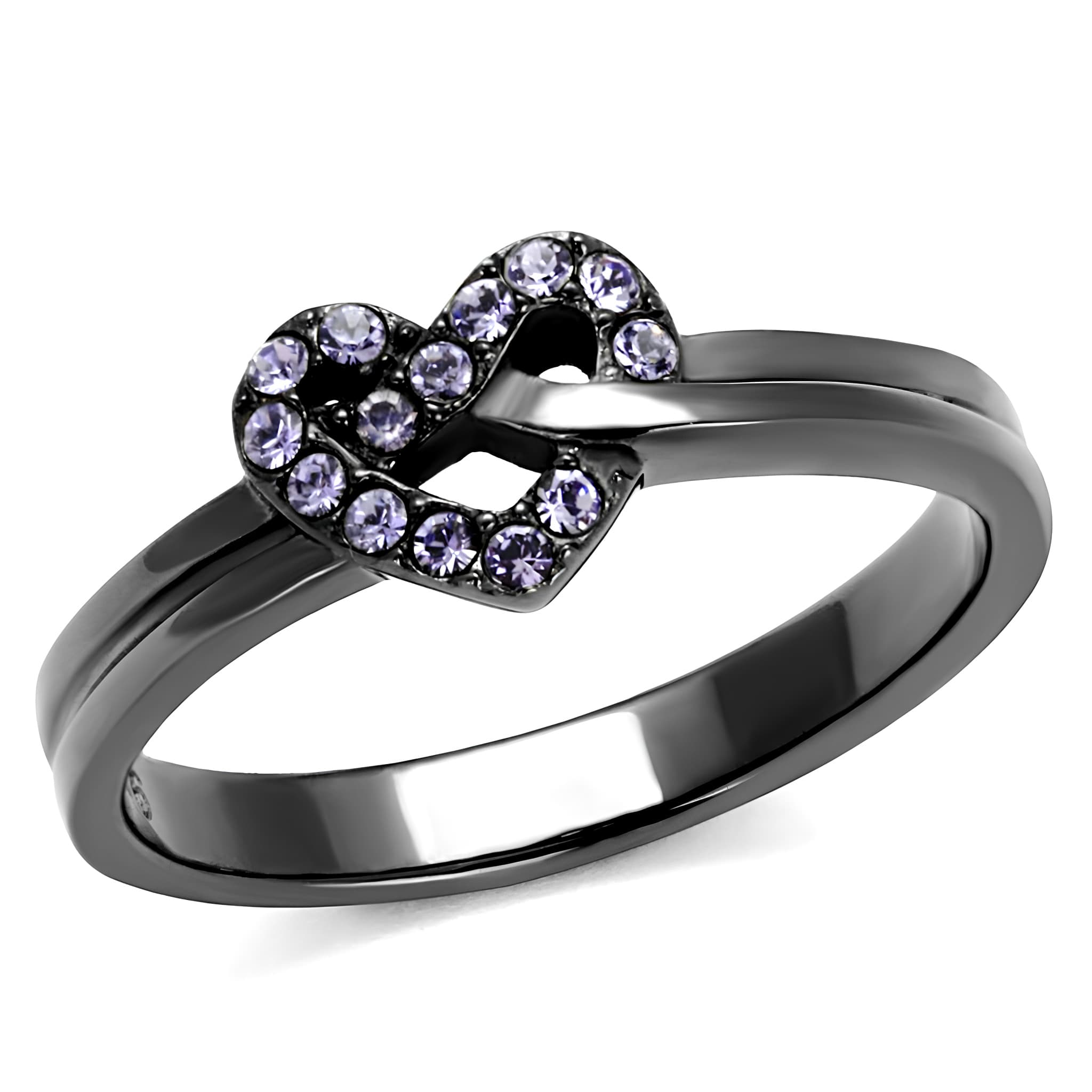 Stainless Steel Dark Gunmetal Lavender CZ Pave Heart Knot Ring