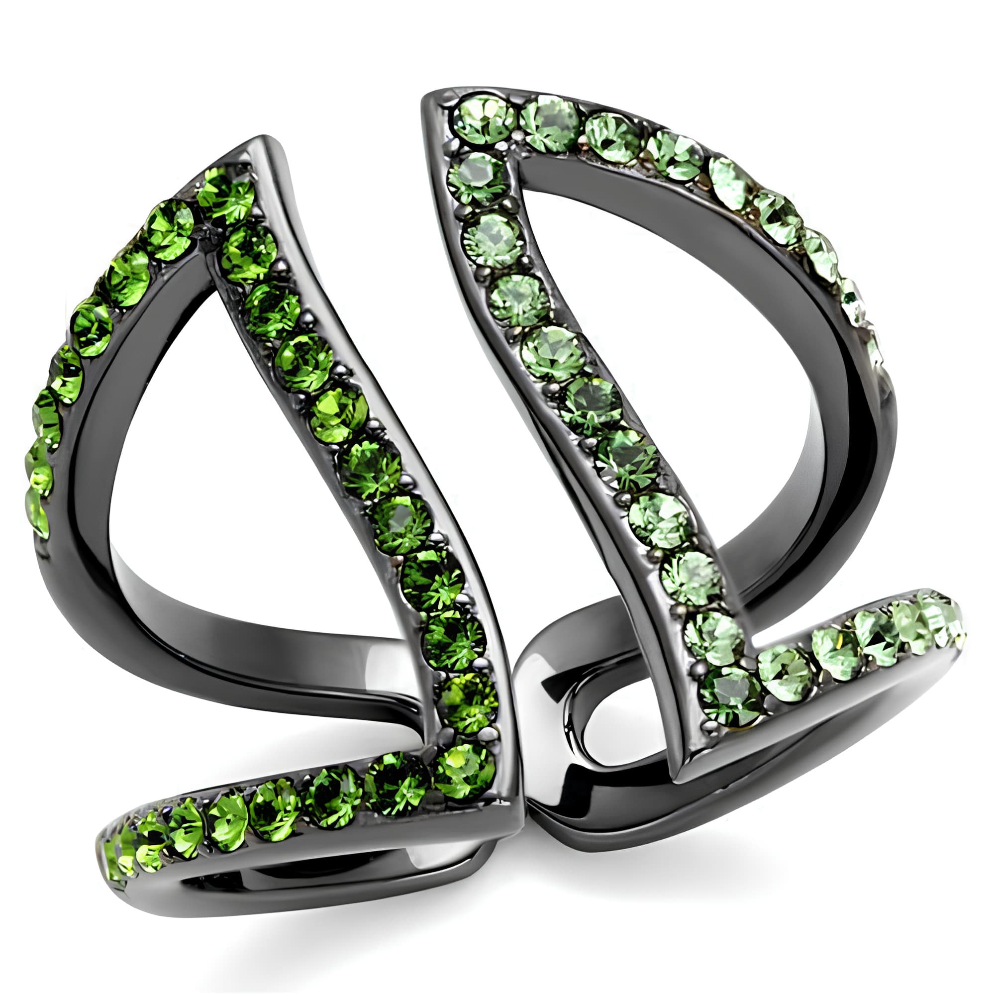 Stainless Steel Dark Gunmetal Peridot Green Crystal Pave Ring