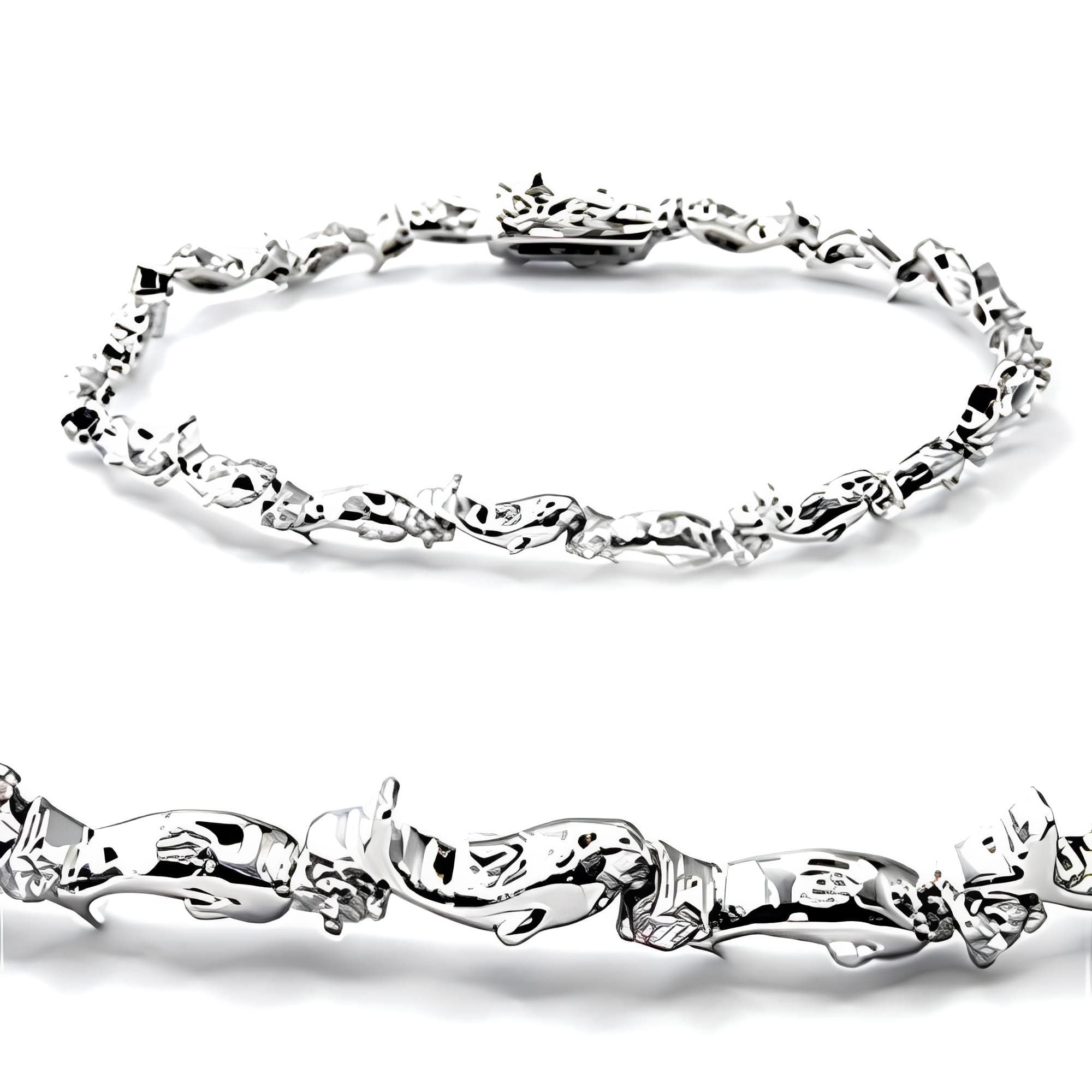 Brass Silver Panther Cat Link Bracelet