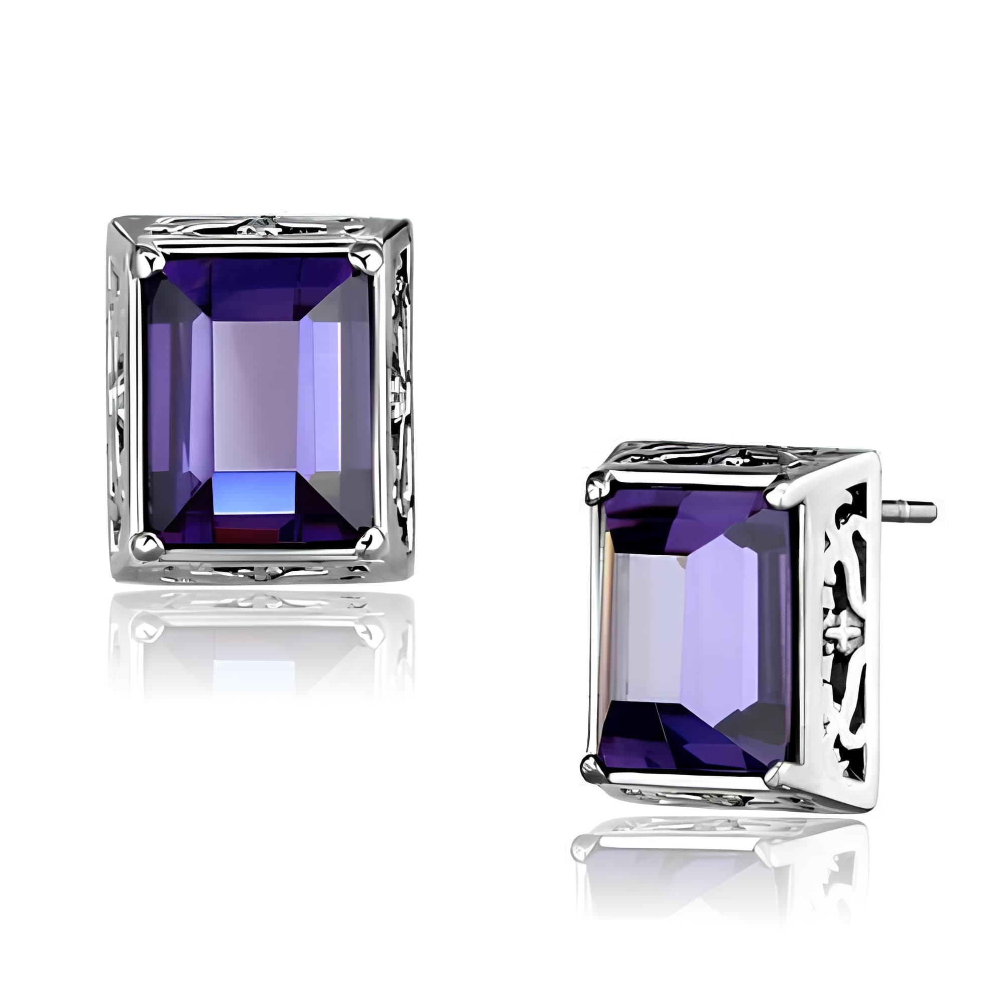 Stainless Steel Amethyst Purple Emerald Cut CZ Ornate Earrings