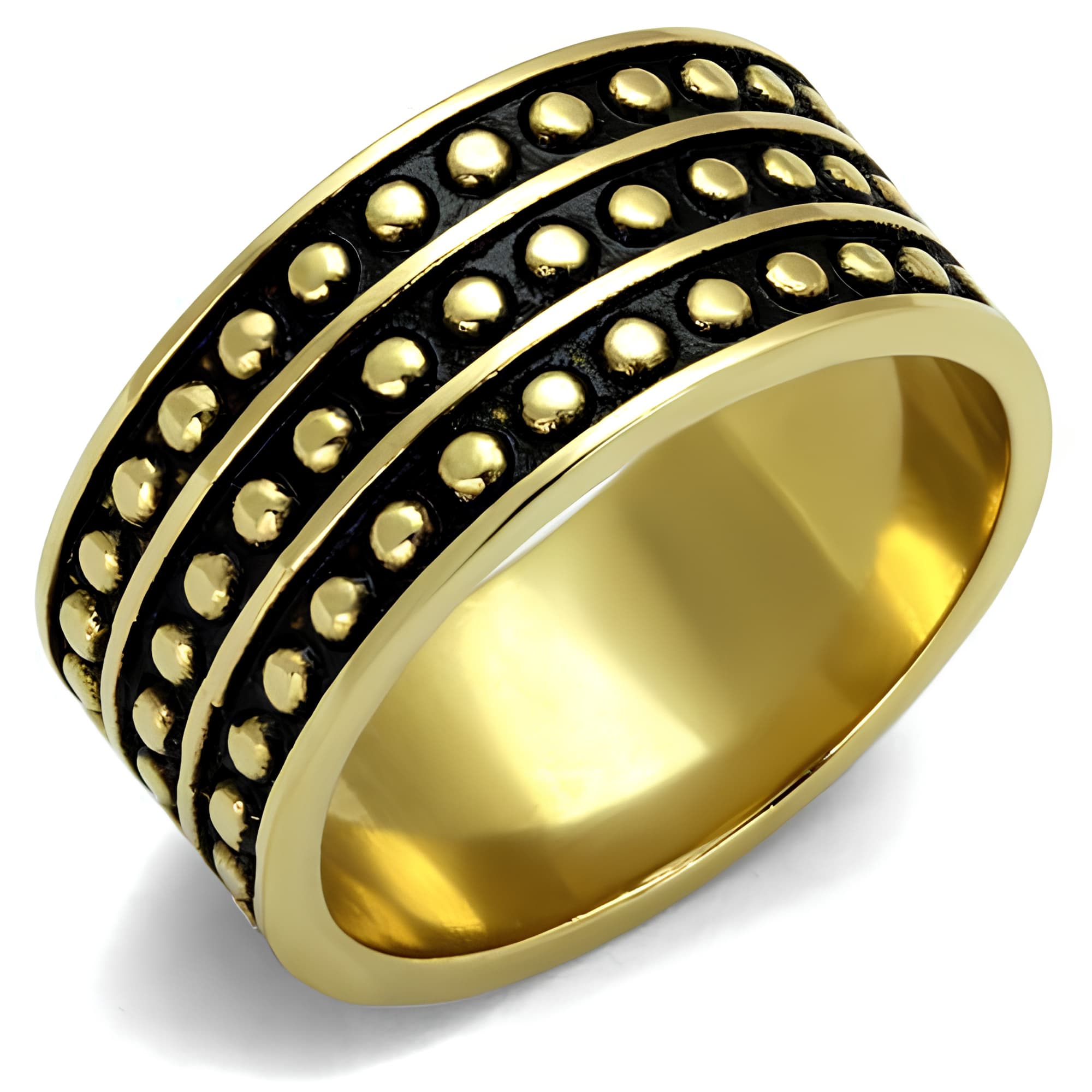 Stainless Steel Gold IP Antiqued Double Row Studded Wide Ring