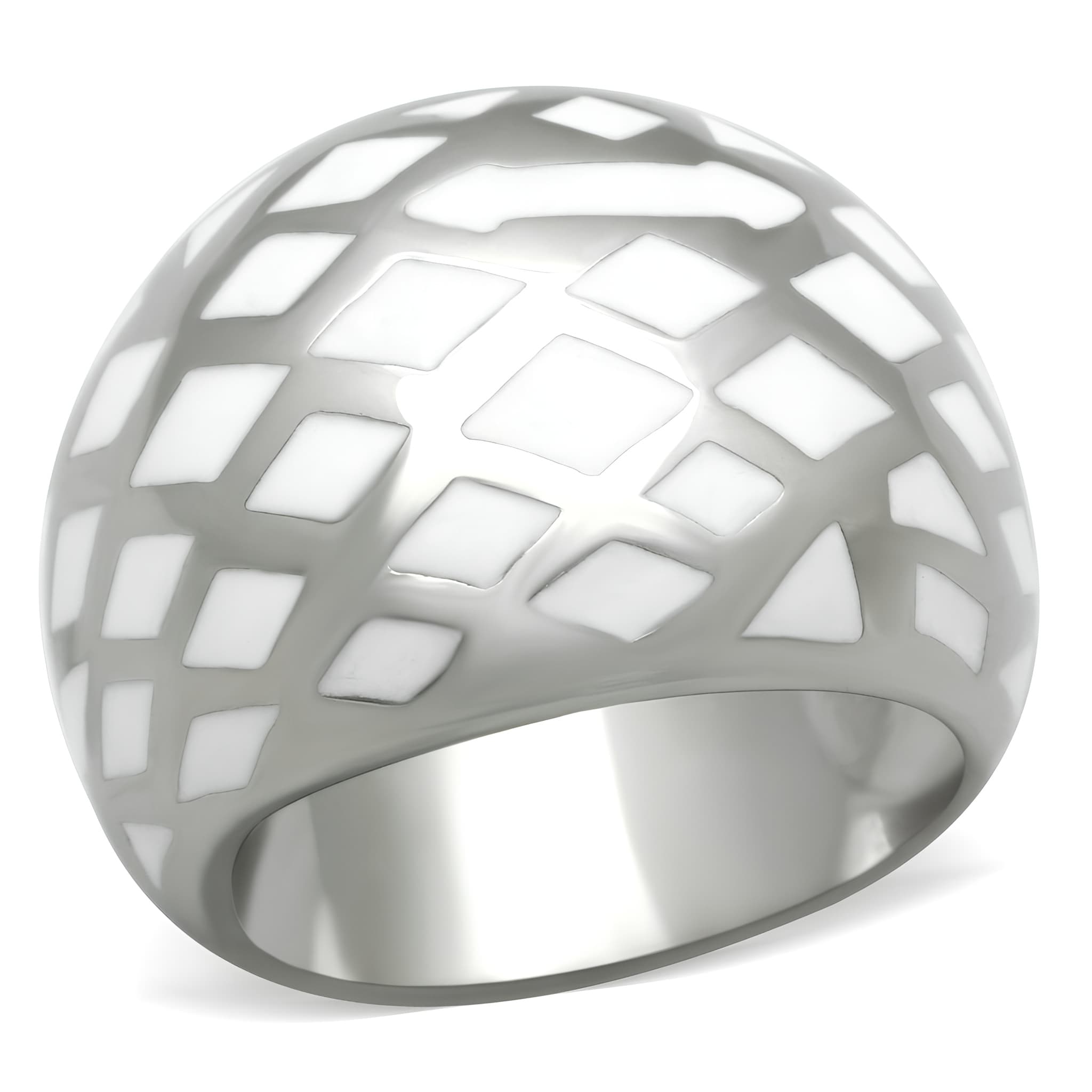 Stainless Steel White Lattice Grid Dome Cocktail Ring