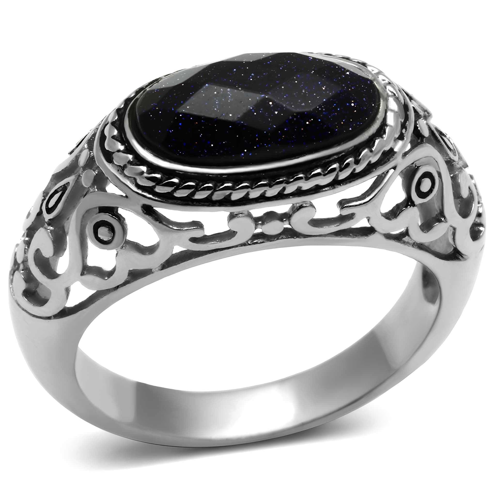 Stainless Steel Silver Blue Goldstone Cabochon Filigree Ring