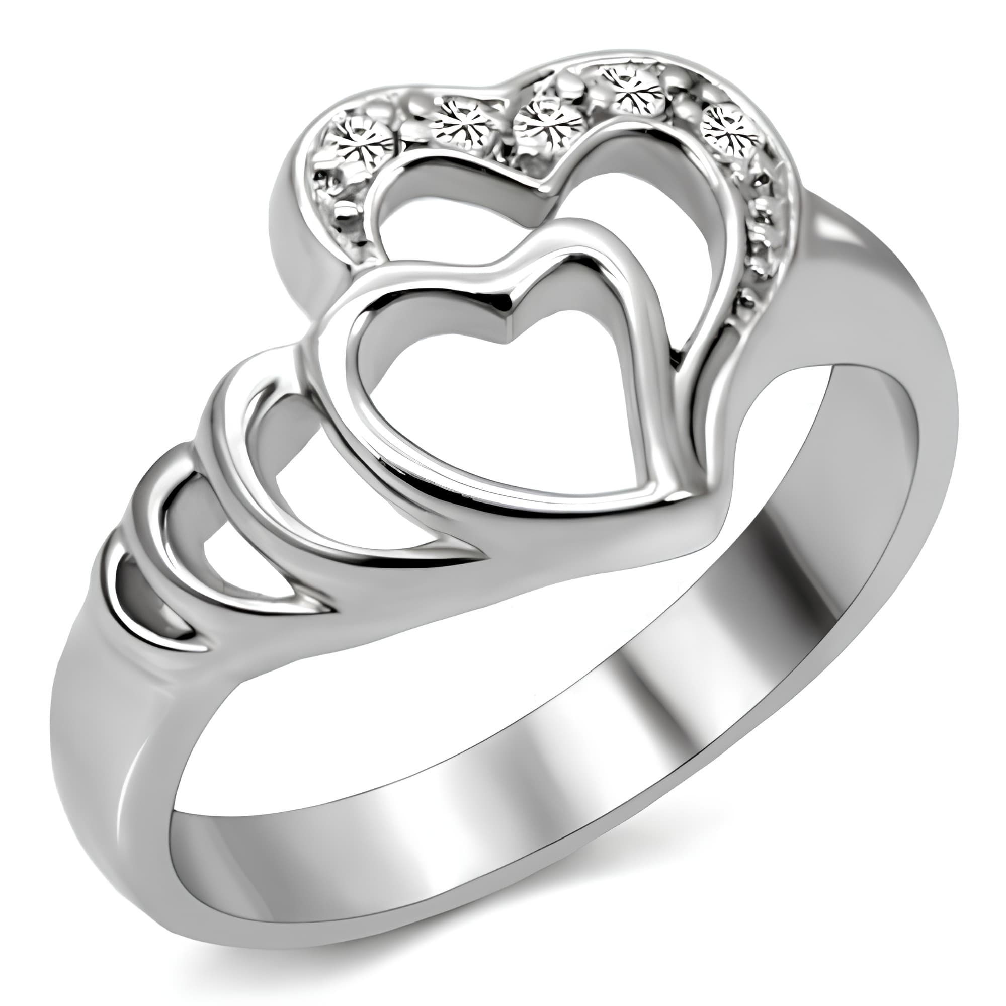 Stainless Steel Silver CZ Pave Triple Heart Open Pendant