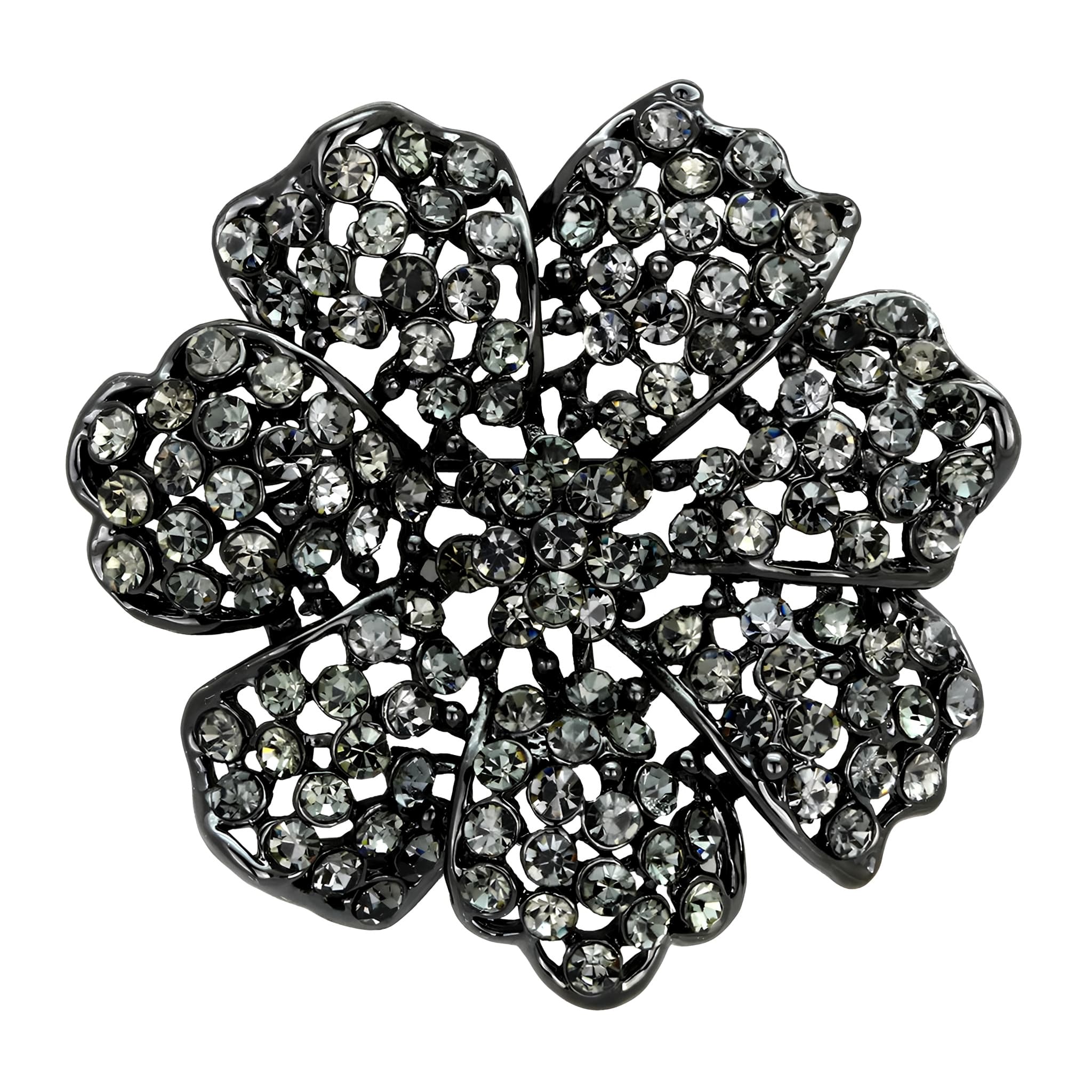 Gunmetal Grey Crystal Filigree Flower Brooch