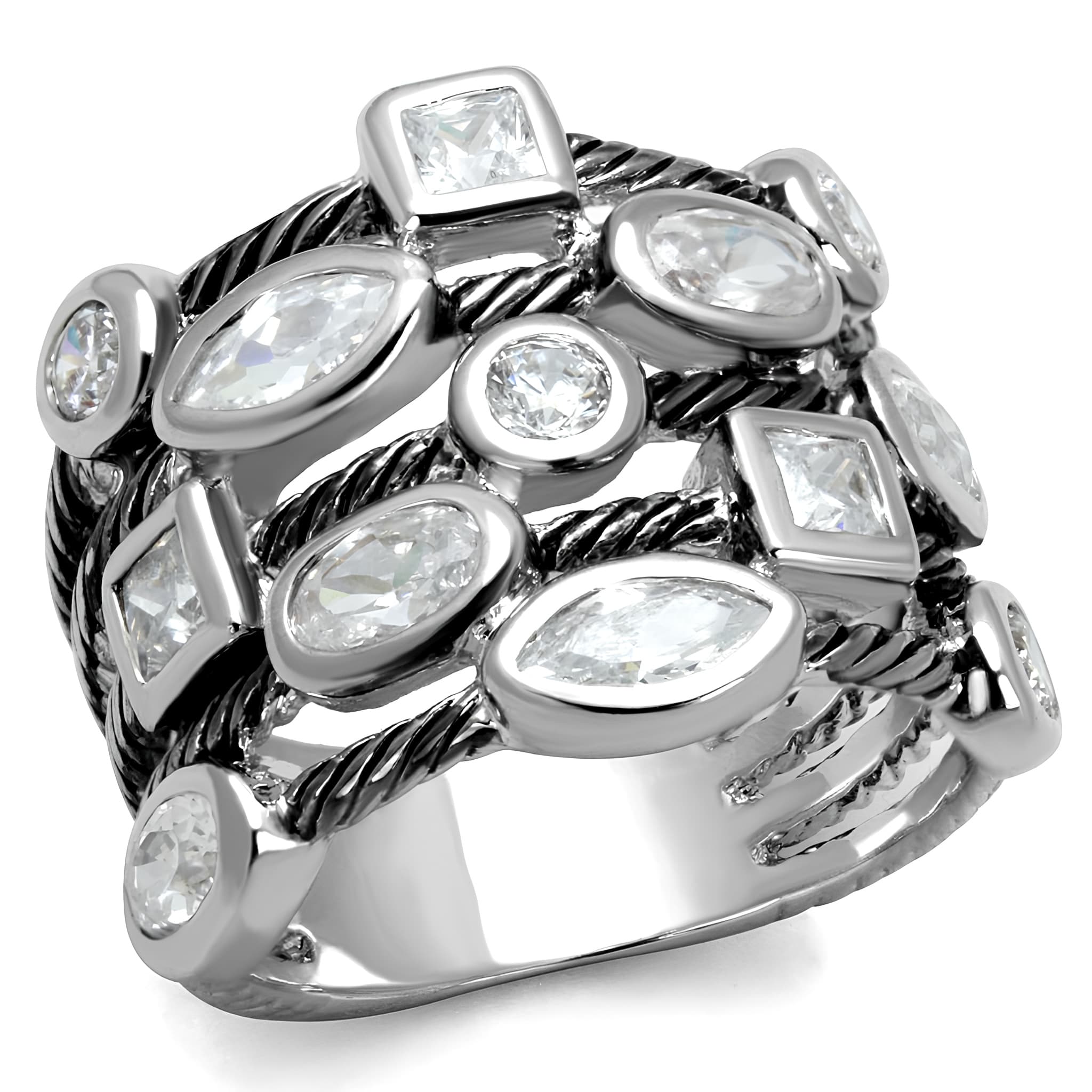 Brass Silver CZ Multi Shape Bezel Cable Wide Band Ring