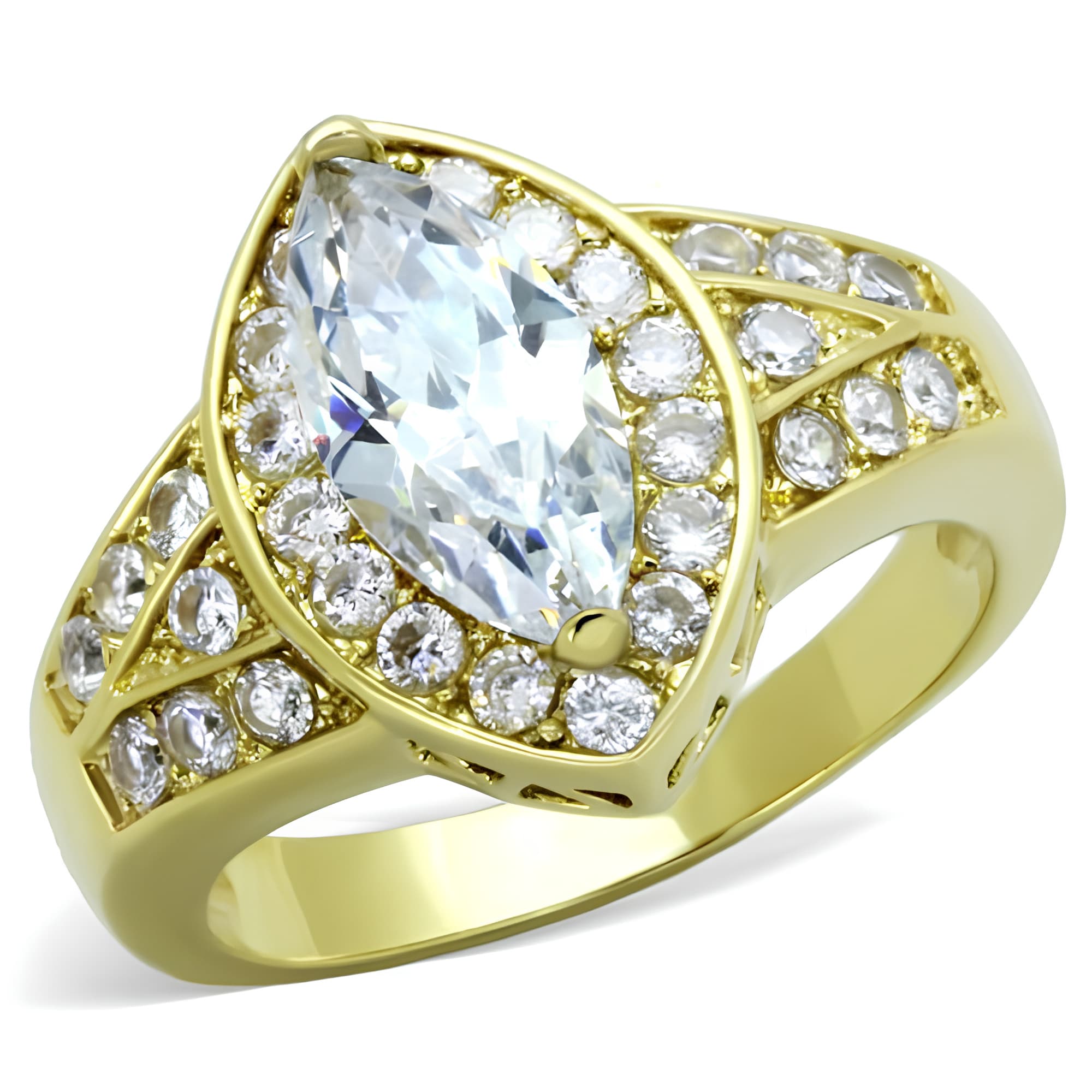 Stainless Steel Gold IP Marquise CZ Halo Pave X Bridal Set Ring