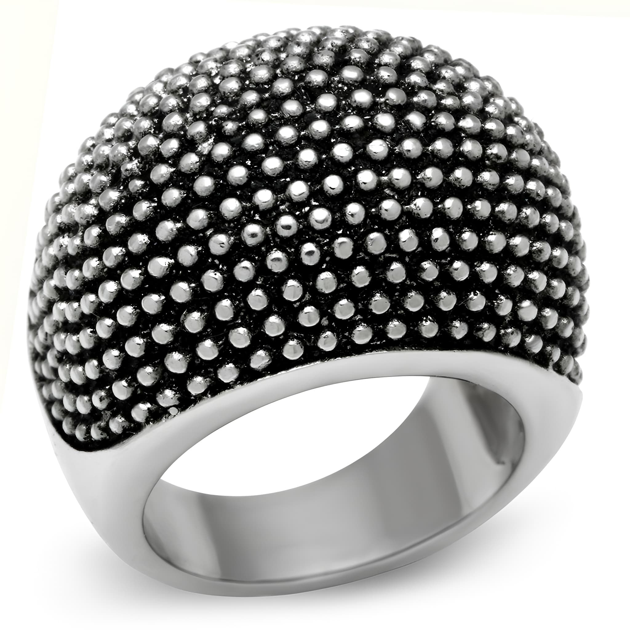 Stainless Steel Silver Oxidized Beaded Texture Dome Ring