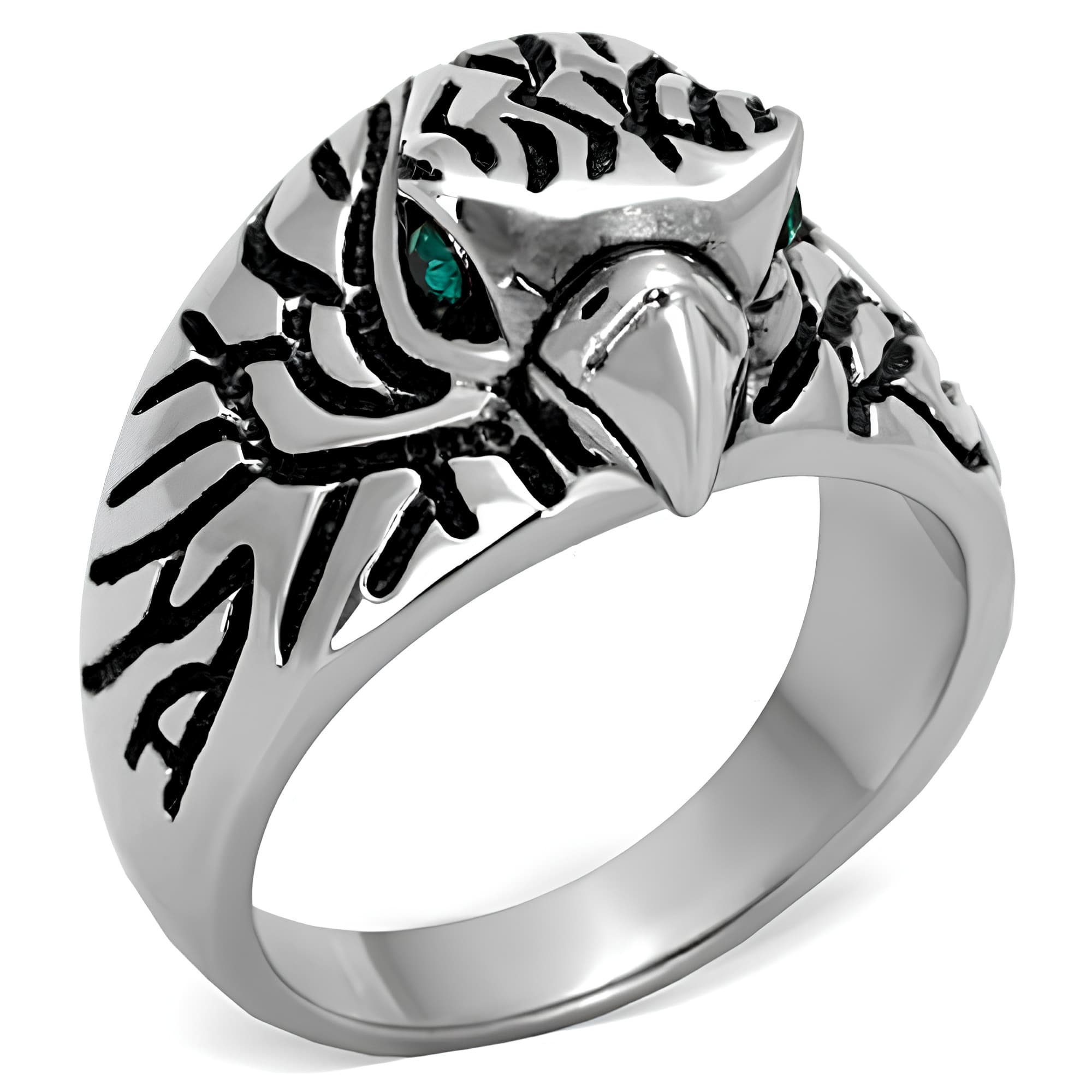 Stainless Steel Eagle Head Green Eyes Tribal Band Ring