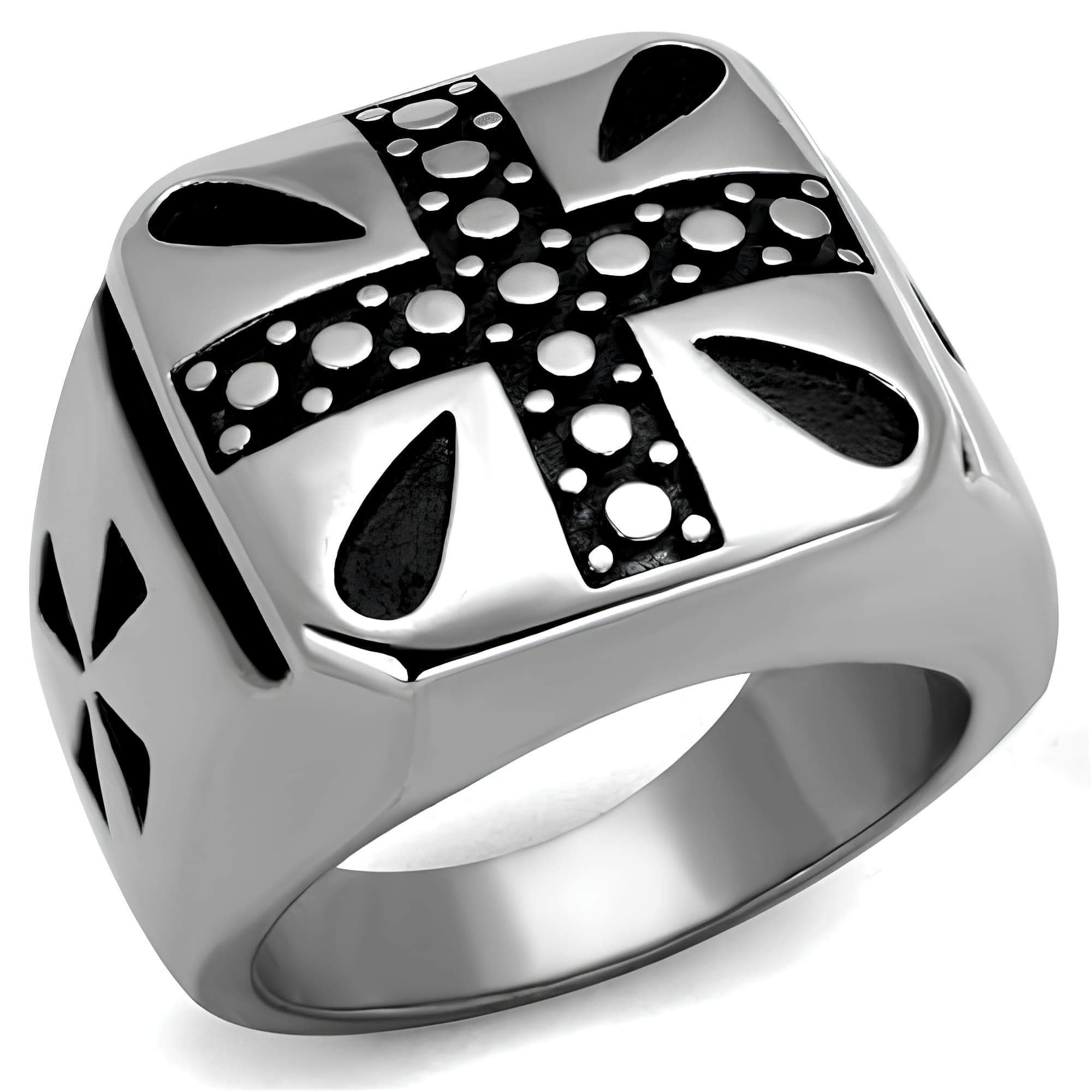 Stainless Steel Iron Cross Dotted Cutout Square Signet Ring