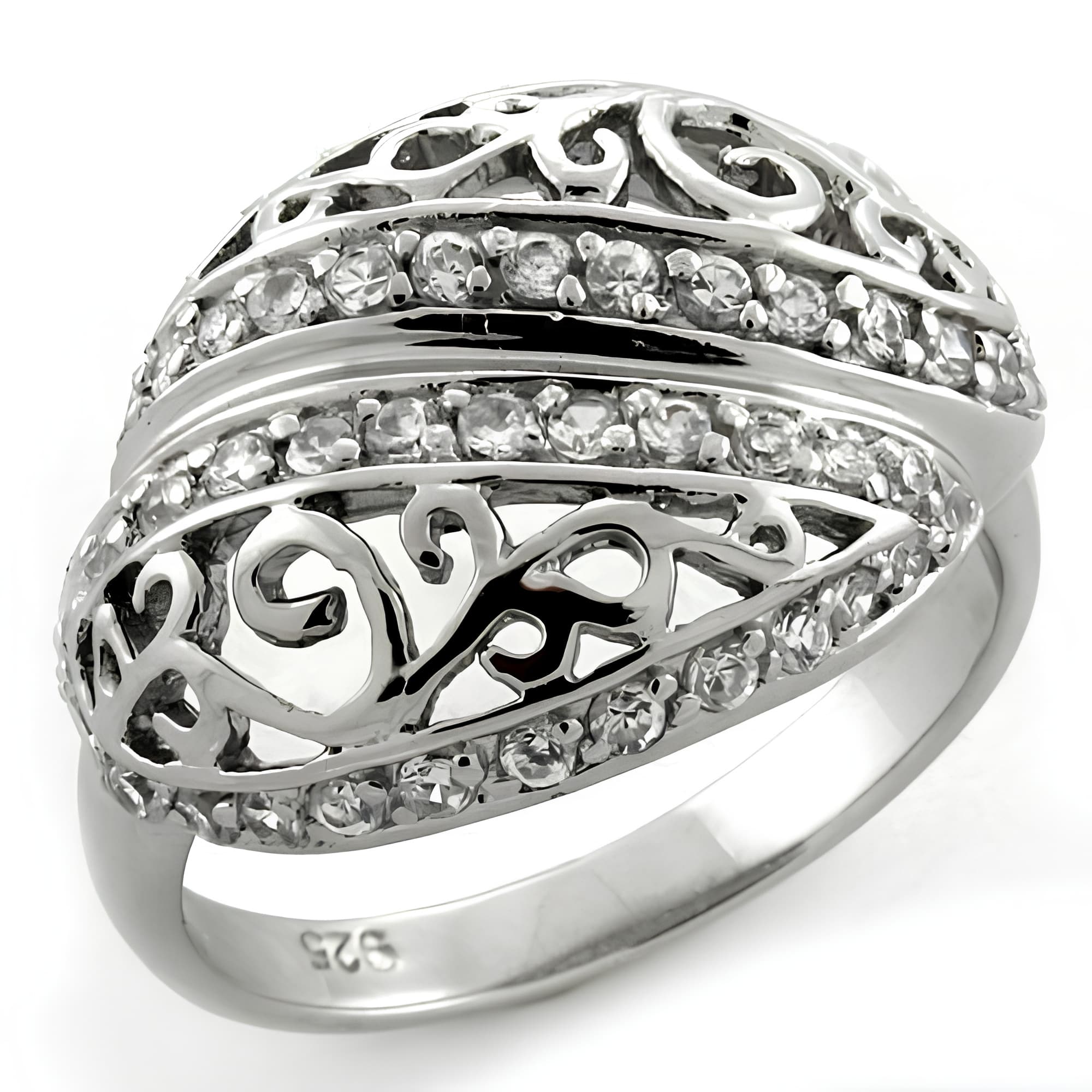 Sterling Silver CZ Filigree Scroll Pave Wide Band Ring
