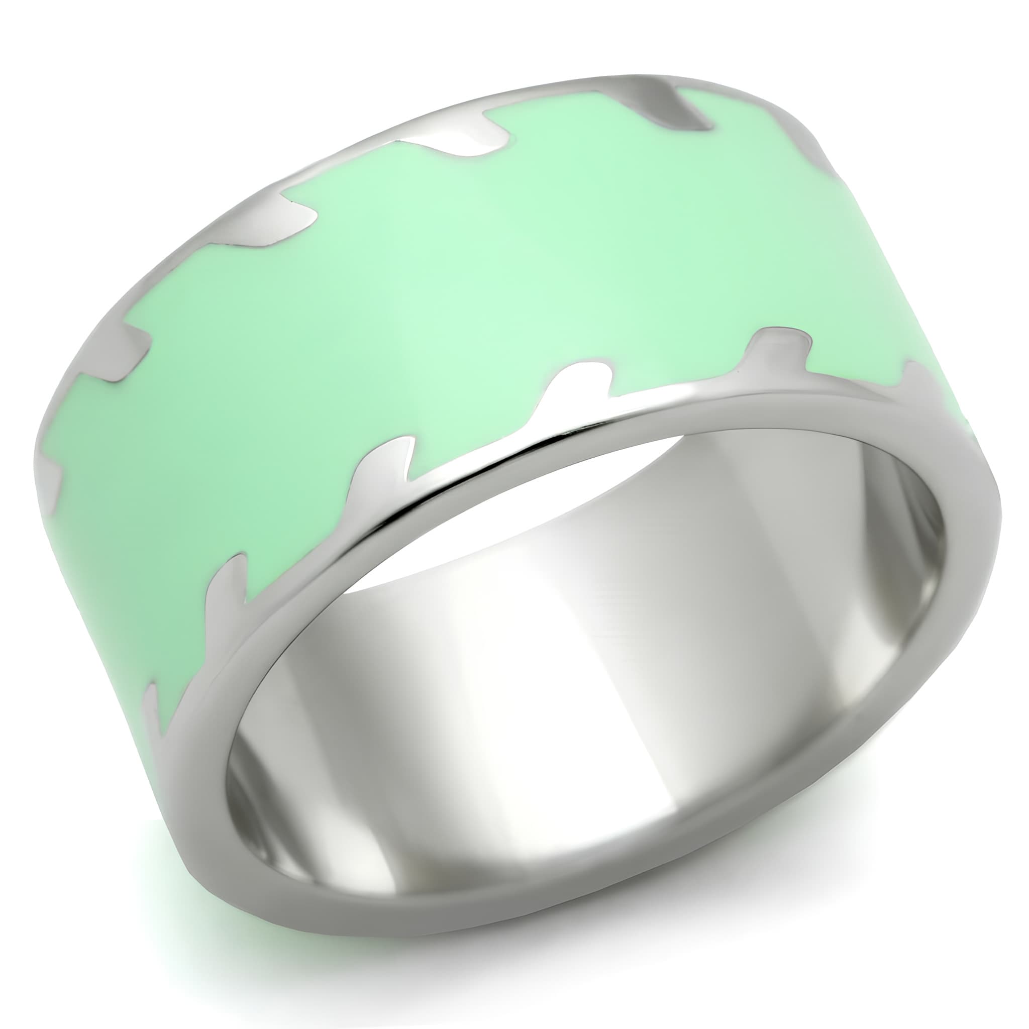 Stainless Steel Mint Green Enamel Abstract Wide Band Ring