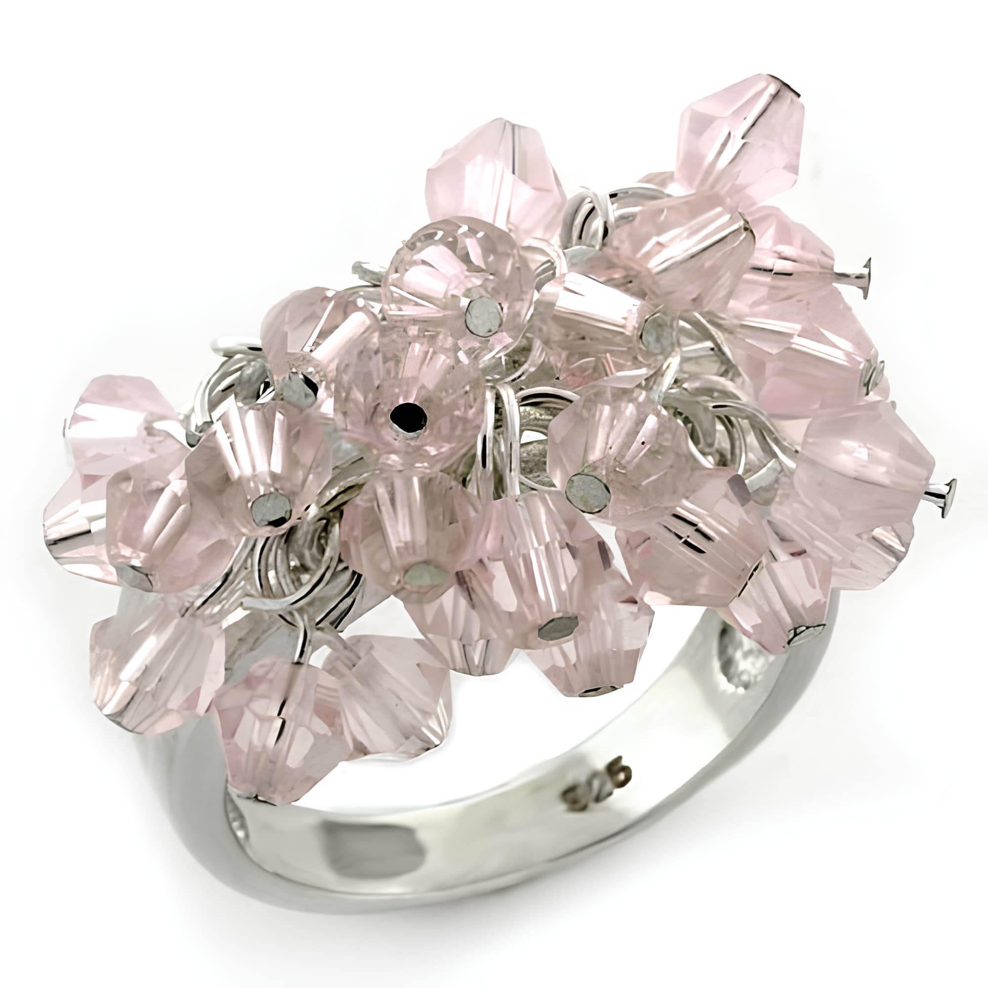 Sterling Silver Pink Crystal Bead Cluster Flower Ring