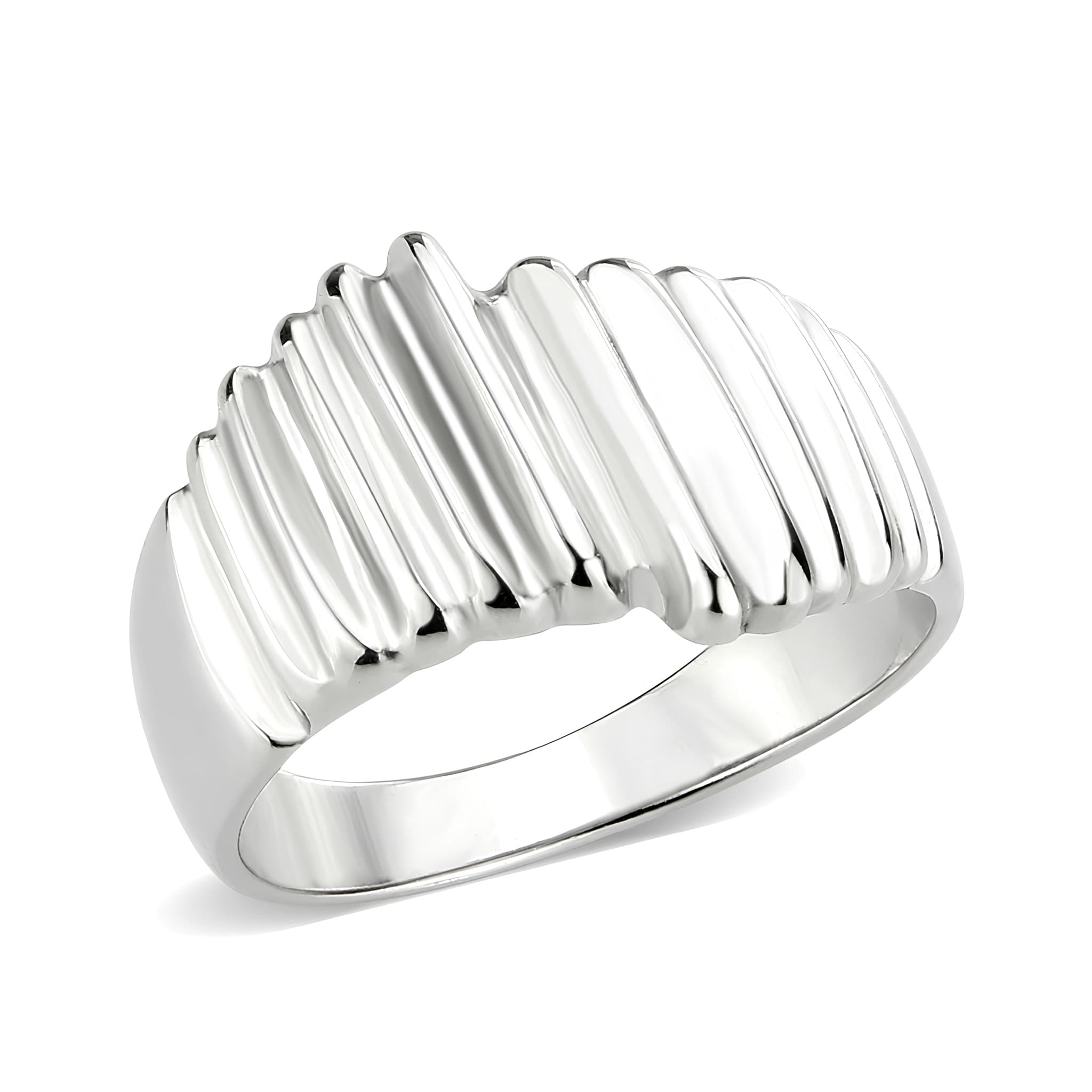 Stainless Steel Polished Ribbed Wide Mens Signet Ring