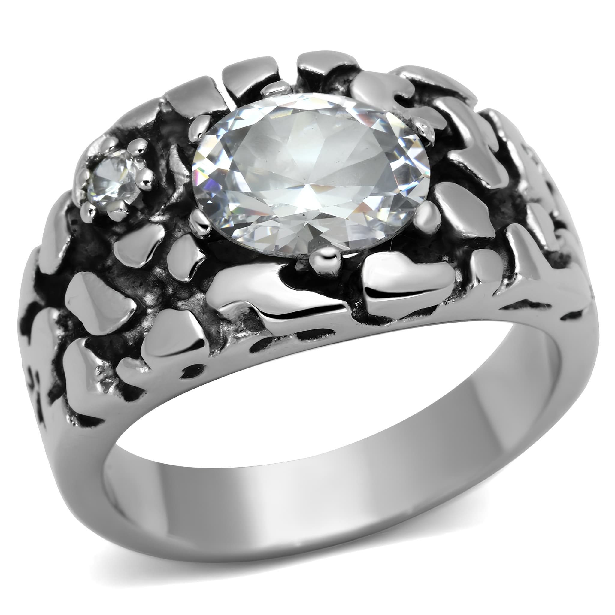 Stainless Steel Silver CZ Oval Clear Nugget Texture Mens Ring