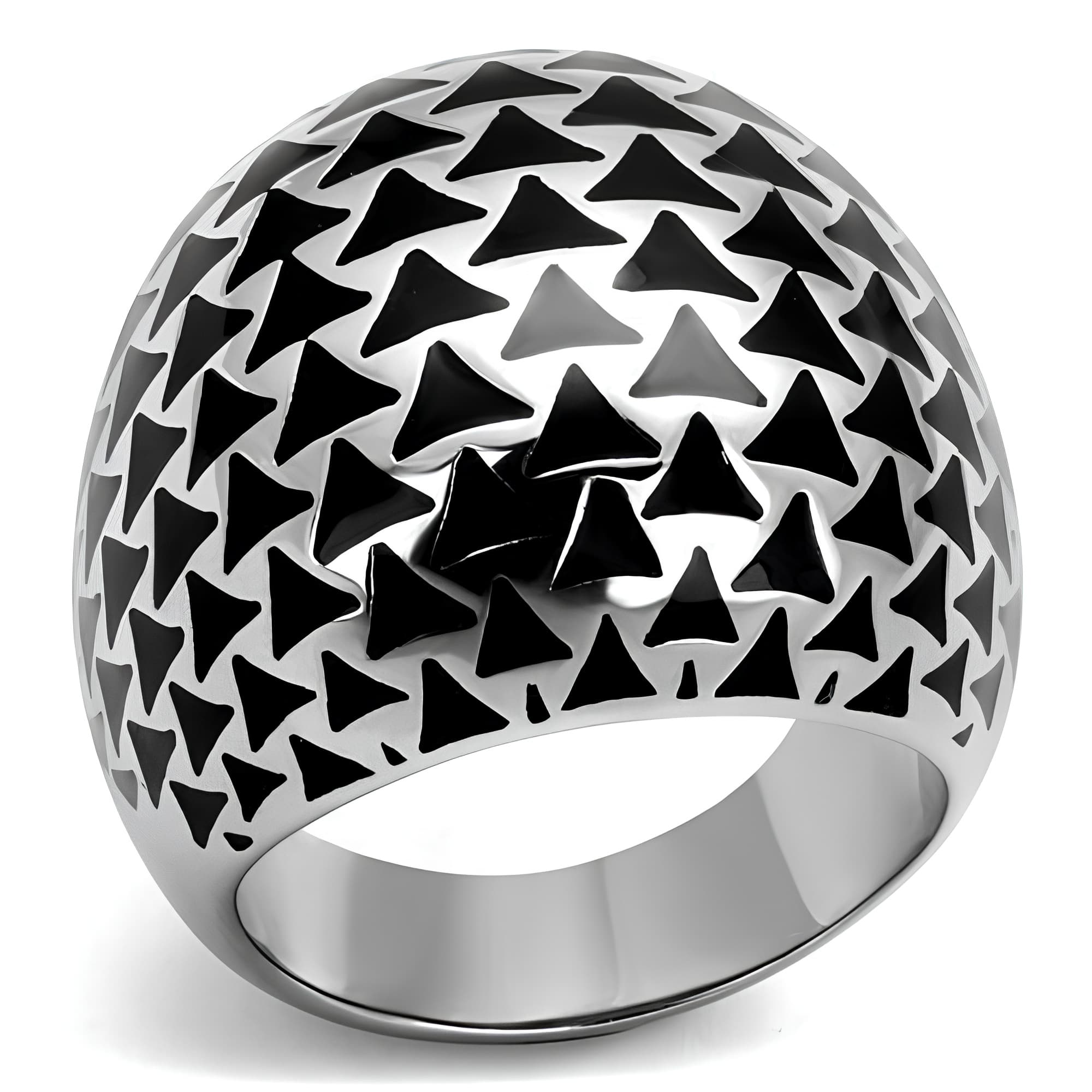 Stainless Steel Silver Polished Black Triangle Pattern Wide Ring