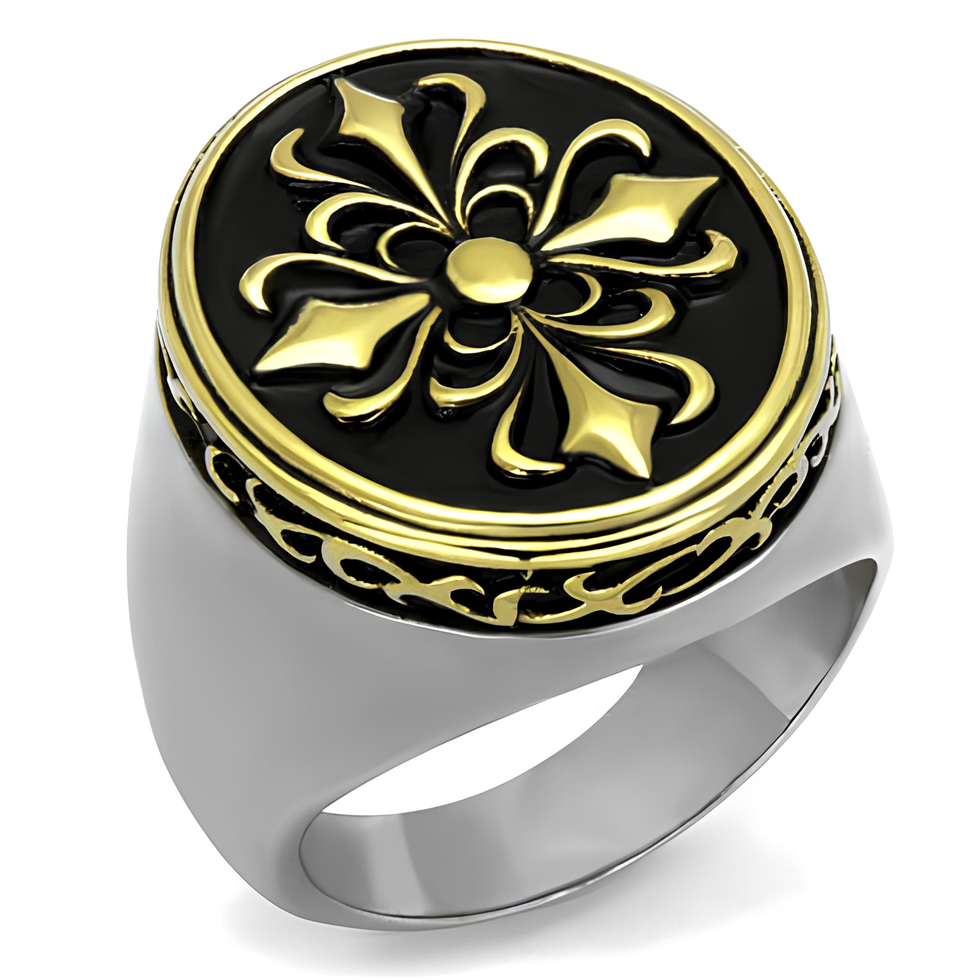 Stainless Steel Gold Fleur De Lis Enamel Round Signet Ring
