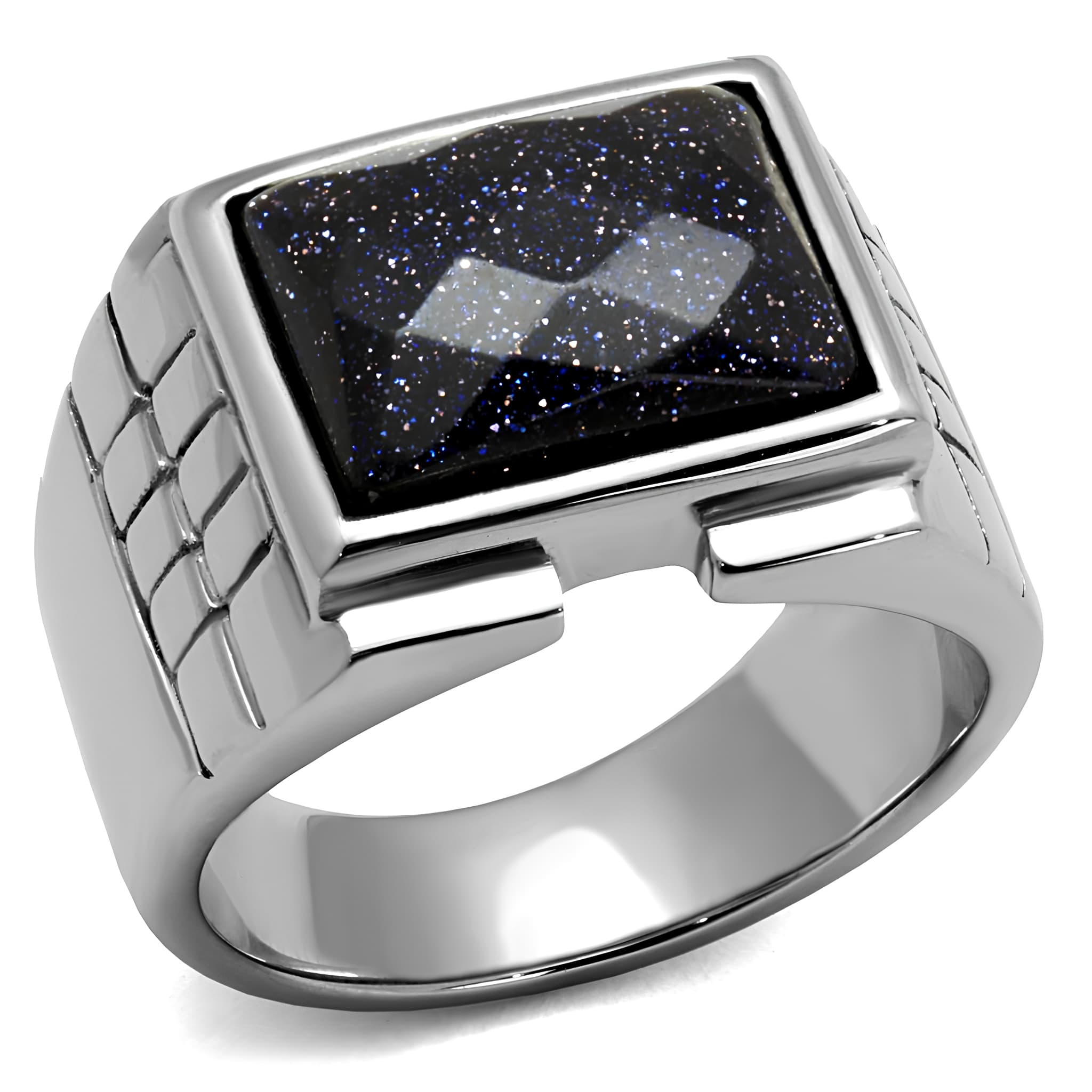 Stainless Steel Blue Goldstone Sparkle Square Mens Signet Ring