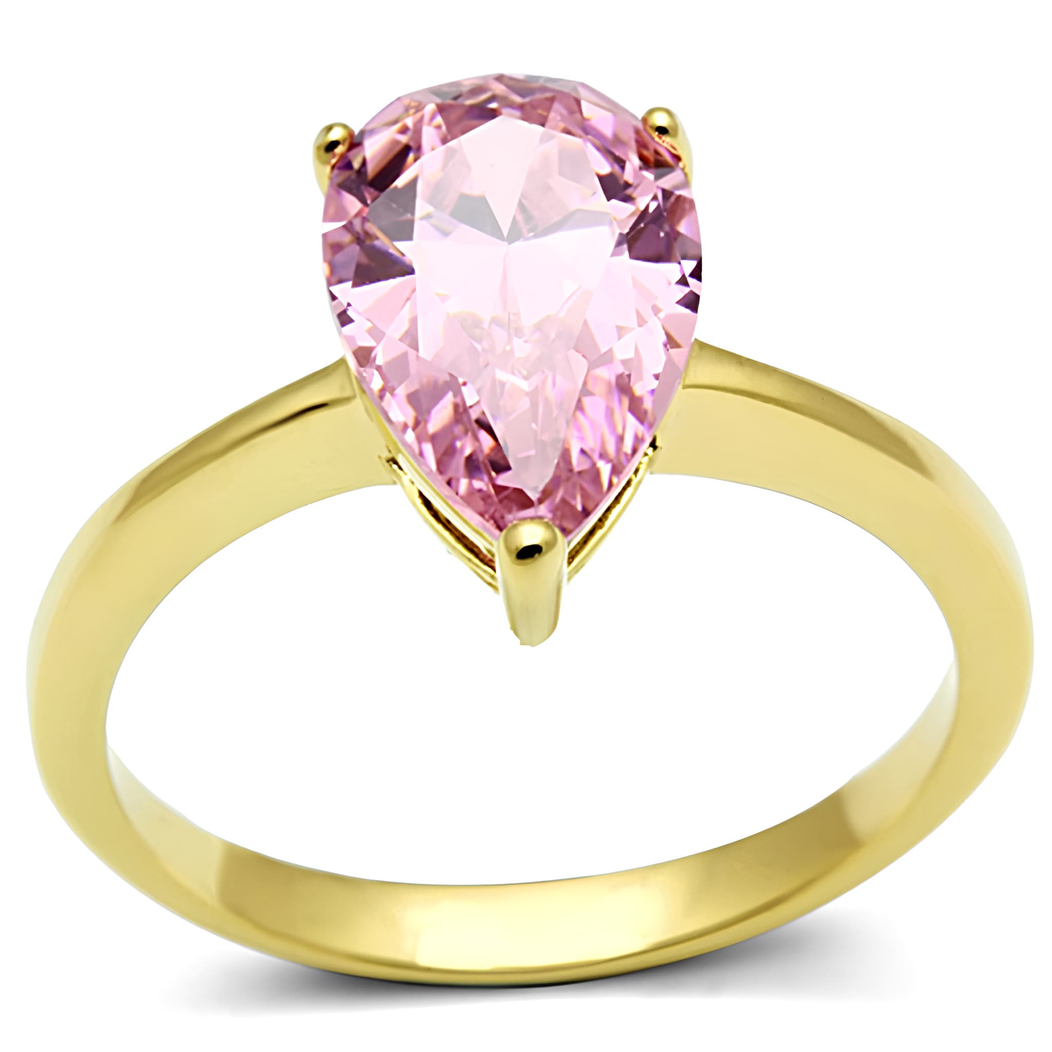 Stainless Steel Gold Pink Pear Crystal Solitaire Ring
