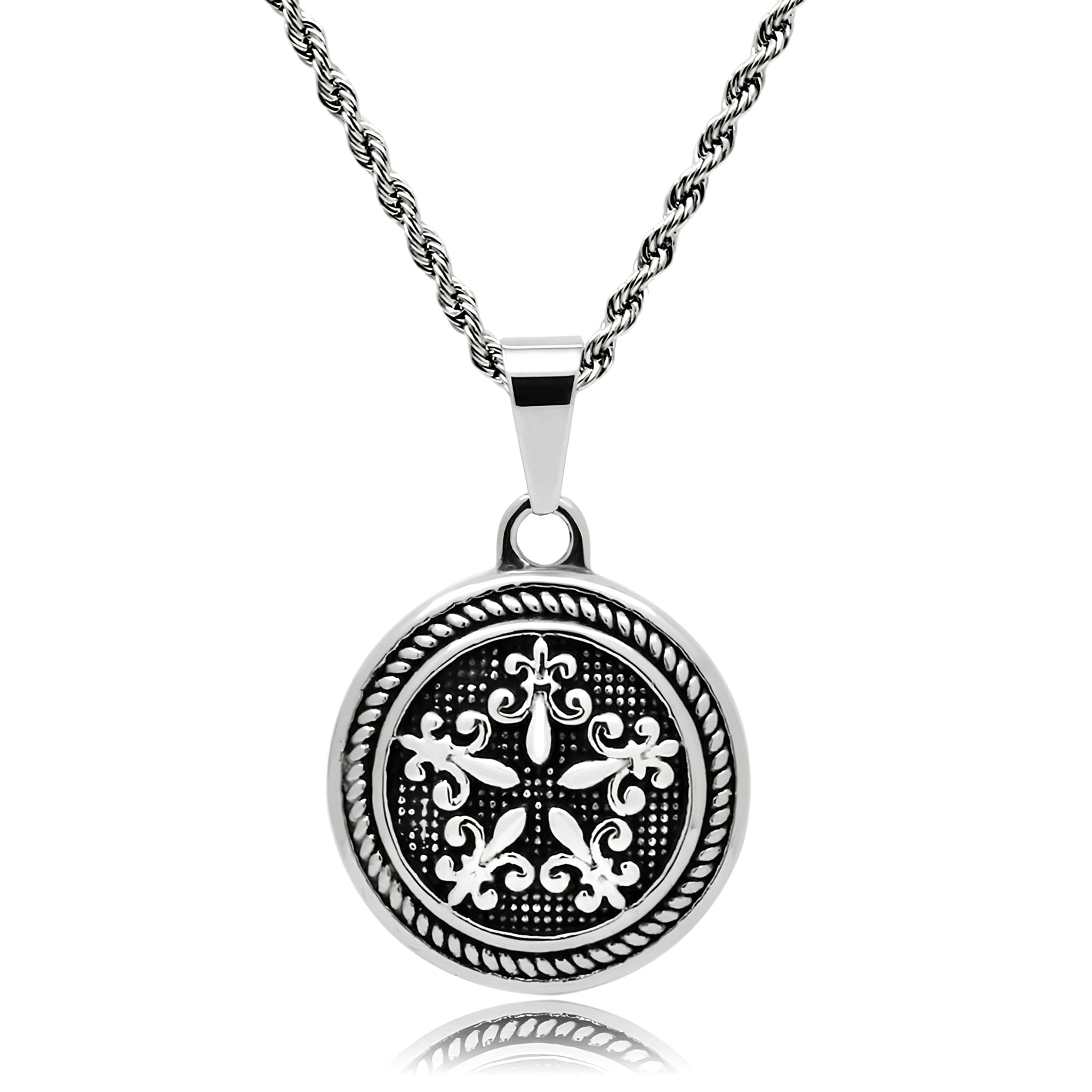Stainless Steel Silver Compass Fleur De Lis Medallion Pendant