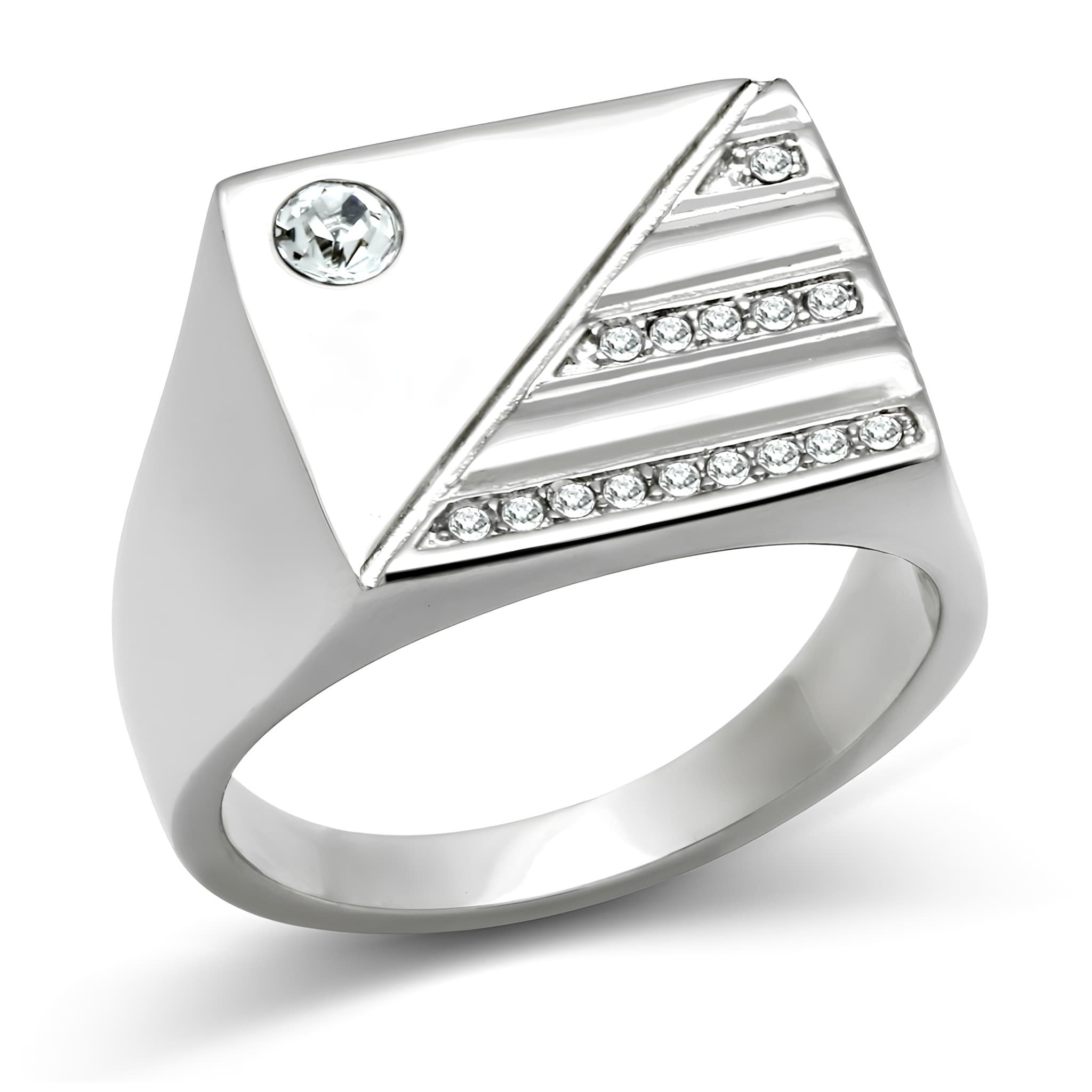 Stainless Steel Silver CZ Pave Diagonal Stripe Pyramid Mens Ring