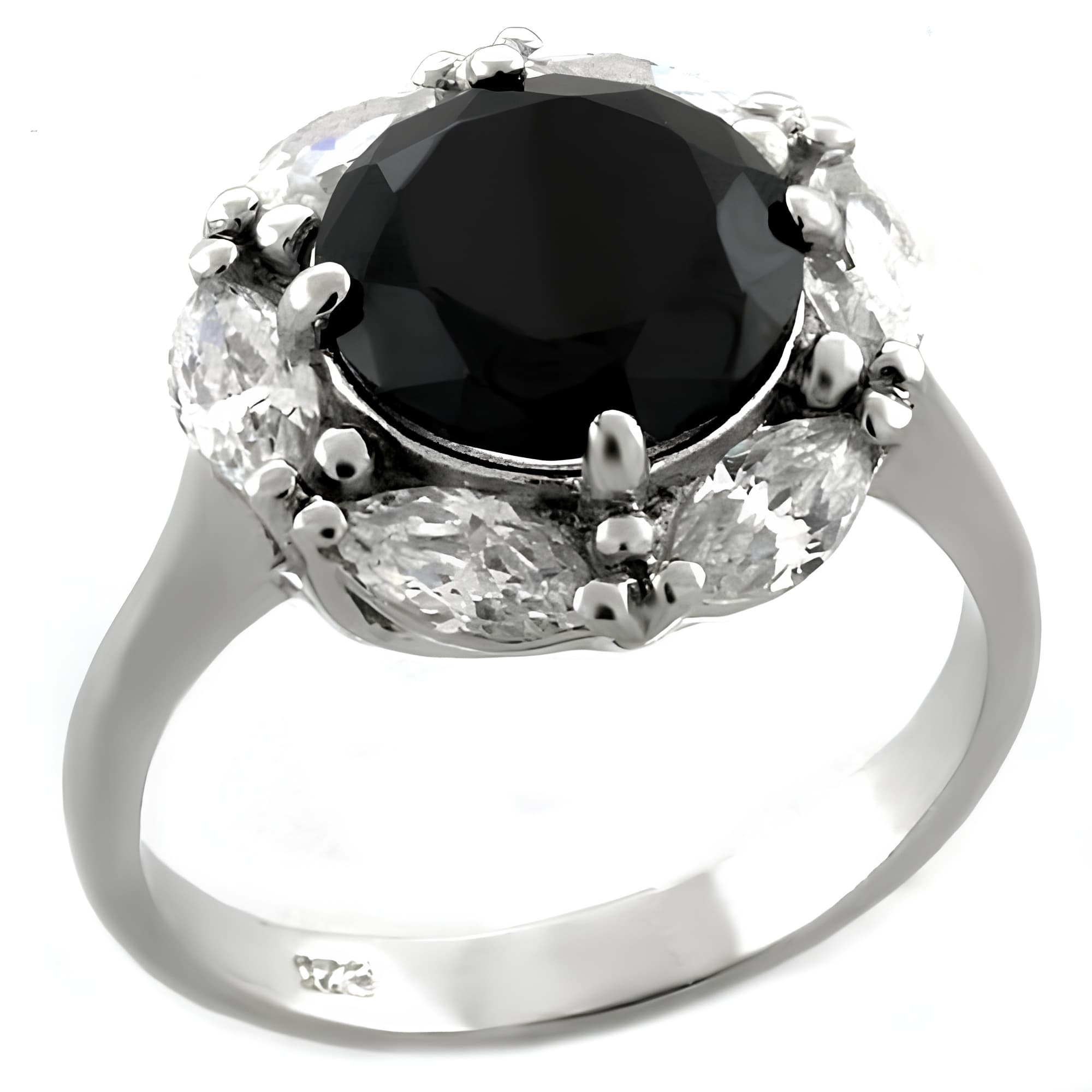 Sterling Silver Black Onyx CZ Round Halo Cluster Cocktail Ring