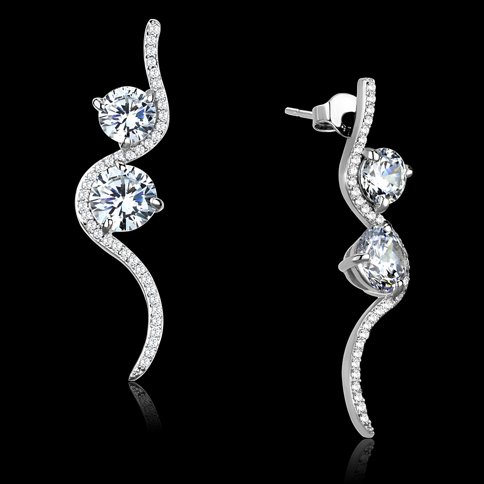 Sterling Silver CZ Round Wave S Curve Climber Earrings