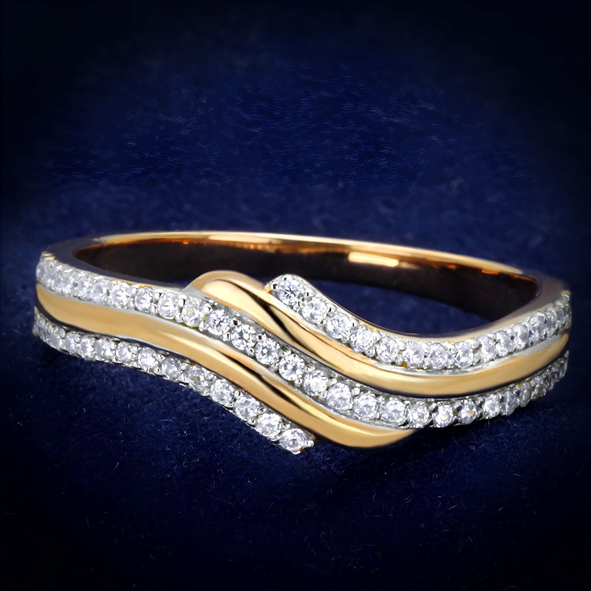 Sterling Silver Rose Gold CZ Wave Double Band Ring