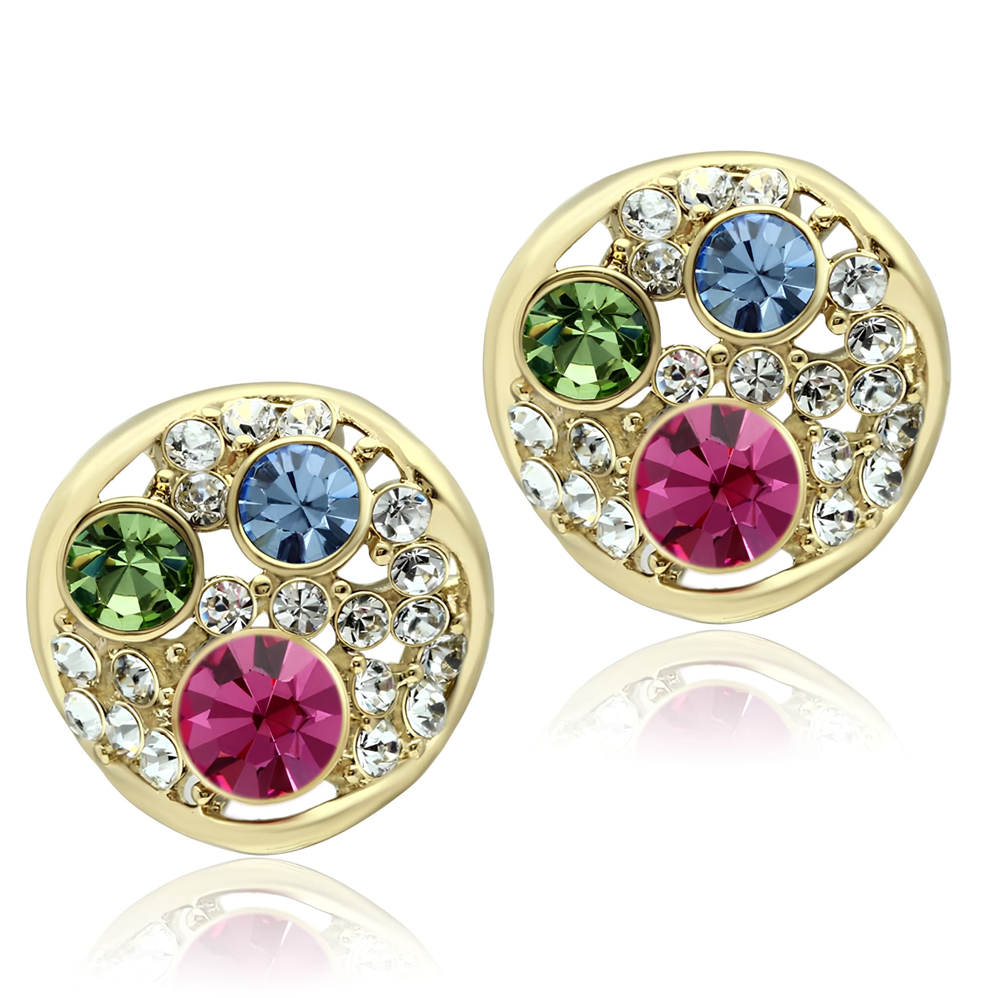 Stainless Steel Gold Multi Color Crystal Round Stud Earrings