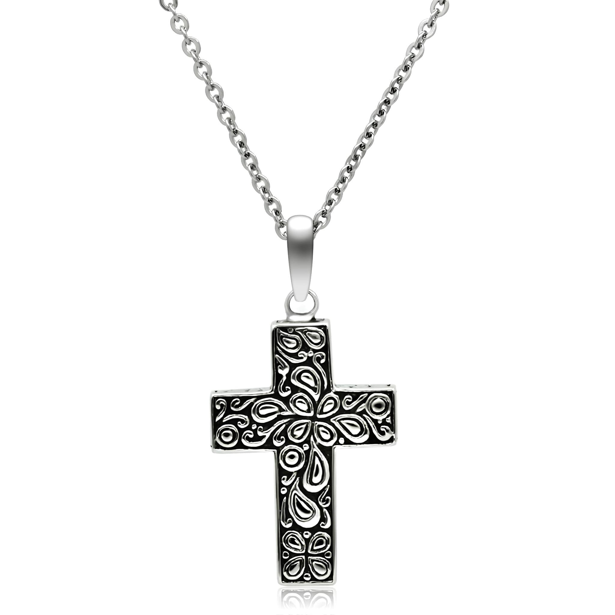 Stainless Steel Silver Paisley Scroll Carved Cross Necklace