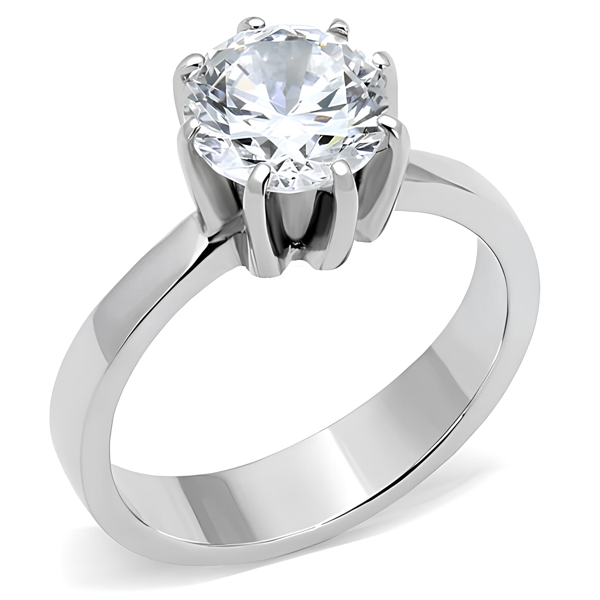 Stainless Steel CZ Round Pave Six Prong Solitaire Ring