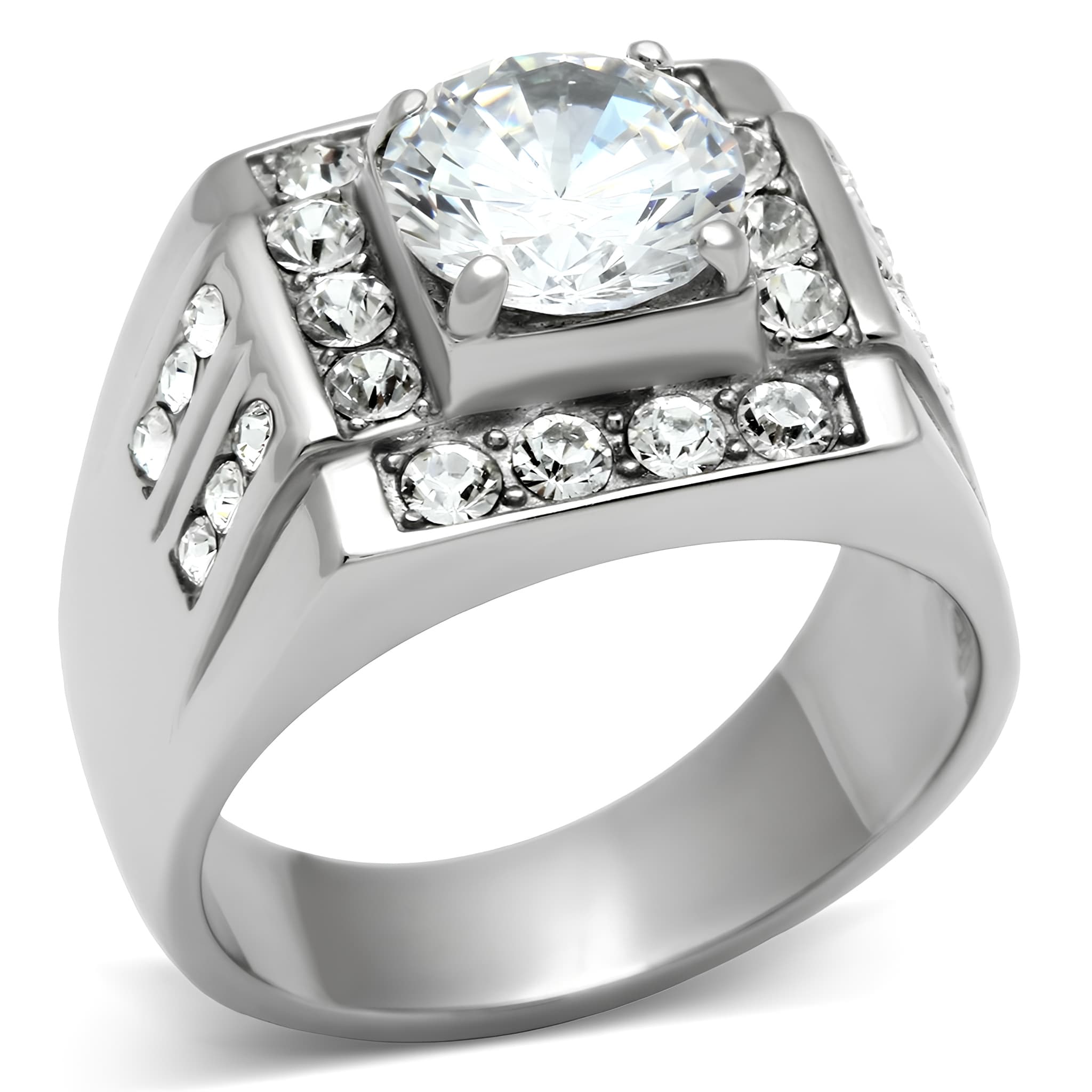 Stainless Steel CZ Round Square Halo Pave Mens Signet Ring