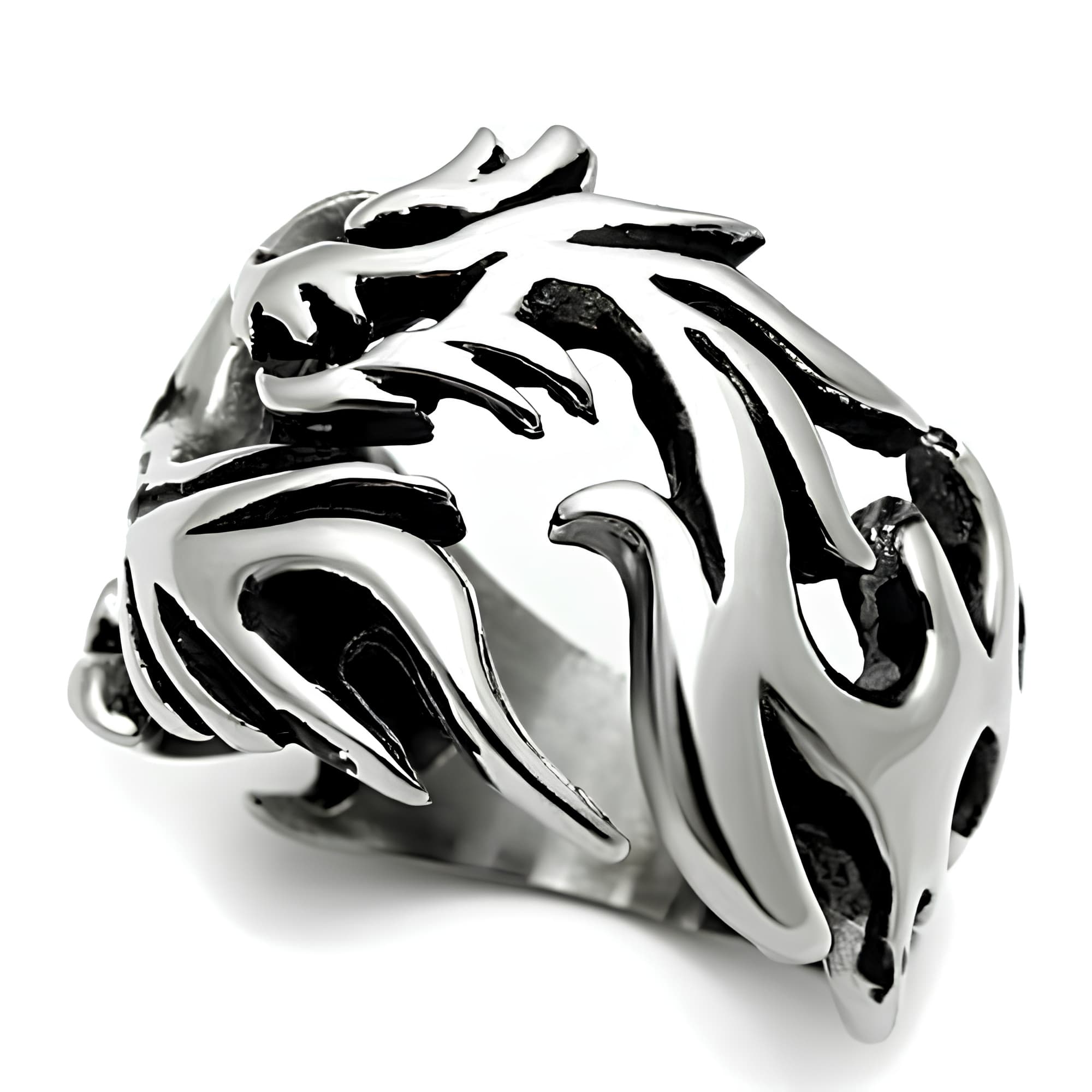Stainless Steel Silver Dragon Flame Carved Biker Ring
