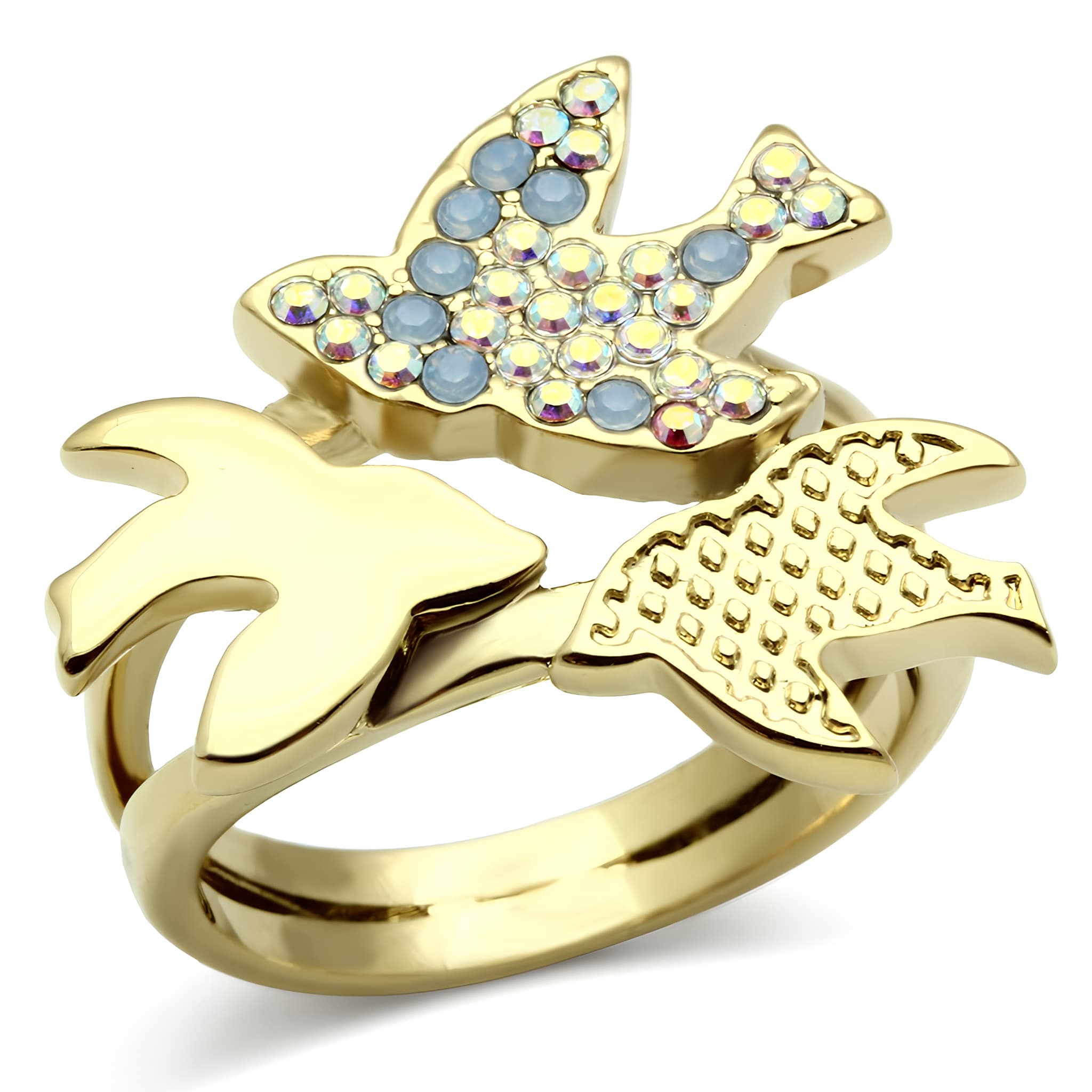 Brass Gold Blue Opal AB Crystal Swallow Bird Cocktail Ring