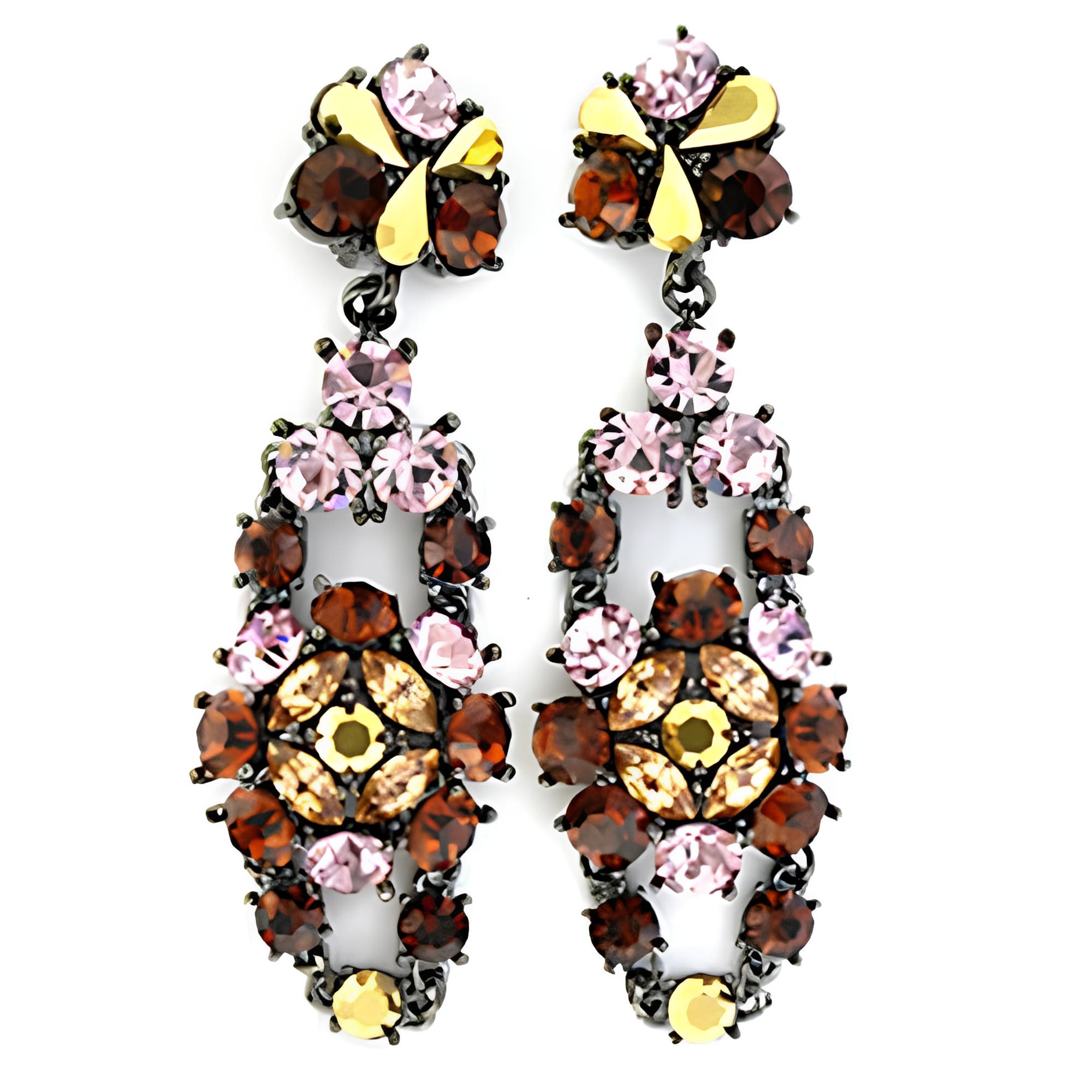 Gunmetal Multi Color Crystal Cluster Drop Earrings