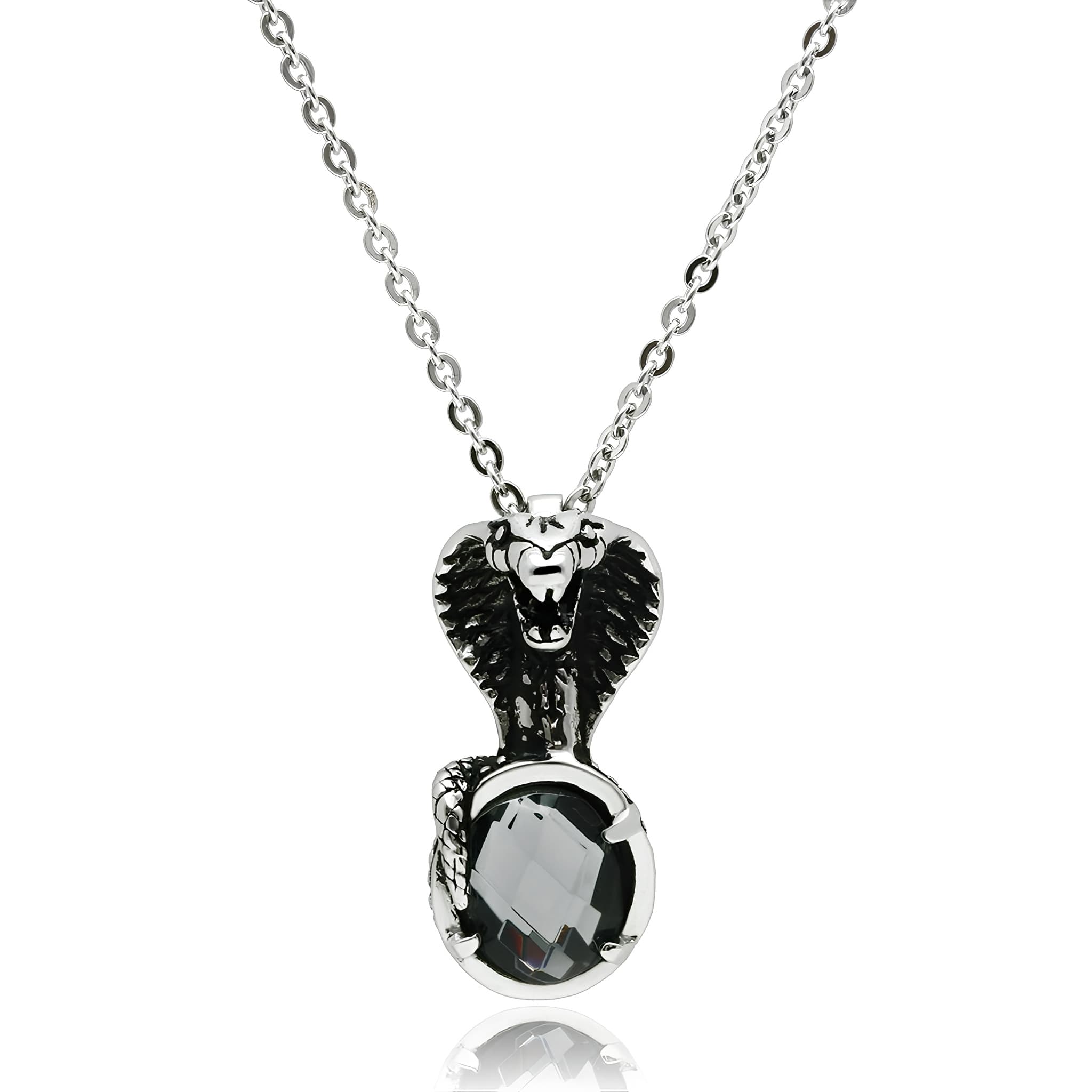 Stainless Steel Silver Eagle Head CZ Round Pendant Necklace
