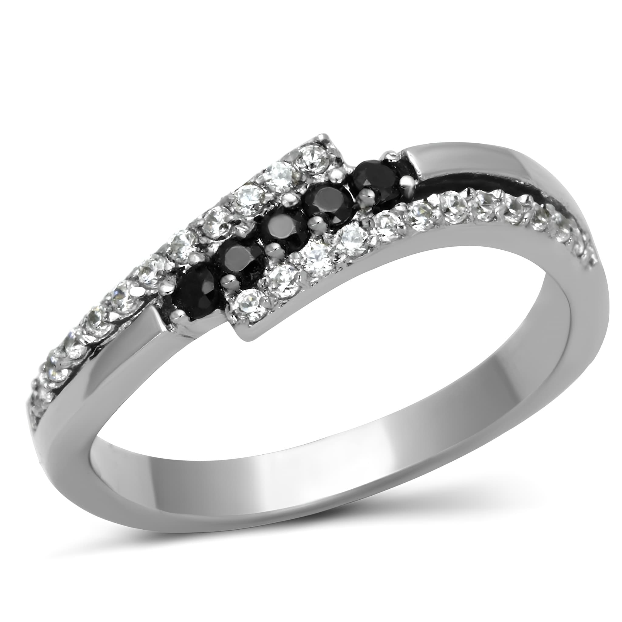 Stainless Steel Silver CZ Round Black CZ Accent Crossover Ring