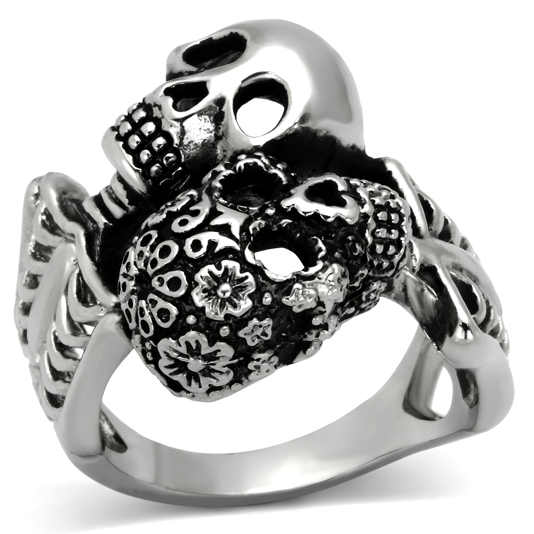 Stainless Steel Antiqued Floral Skull Statement Ring