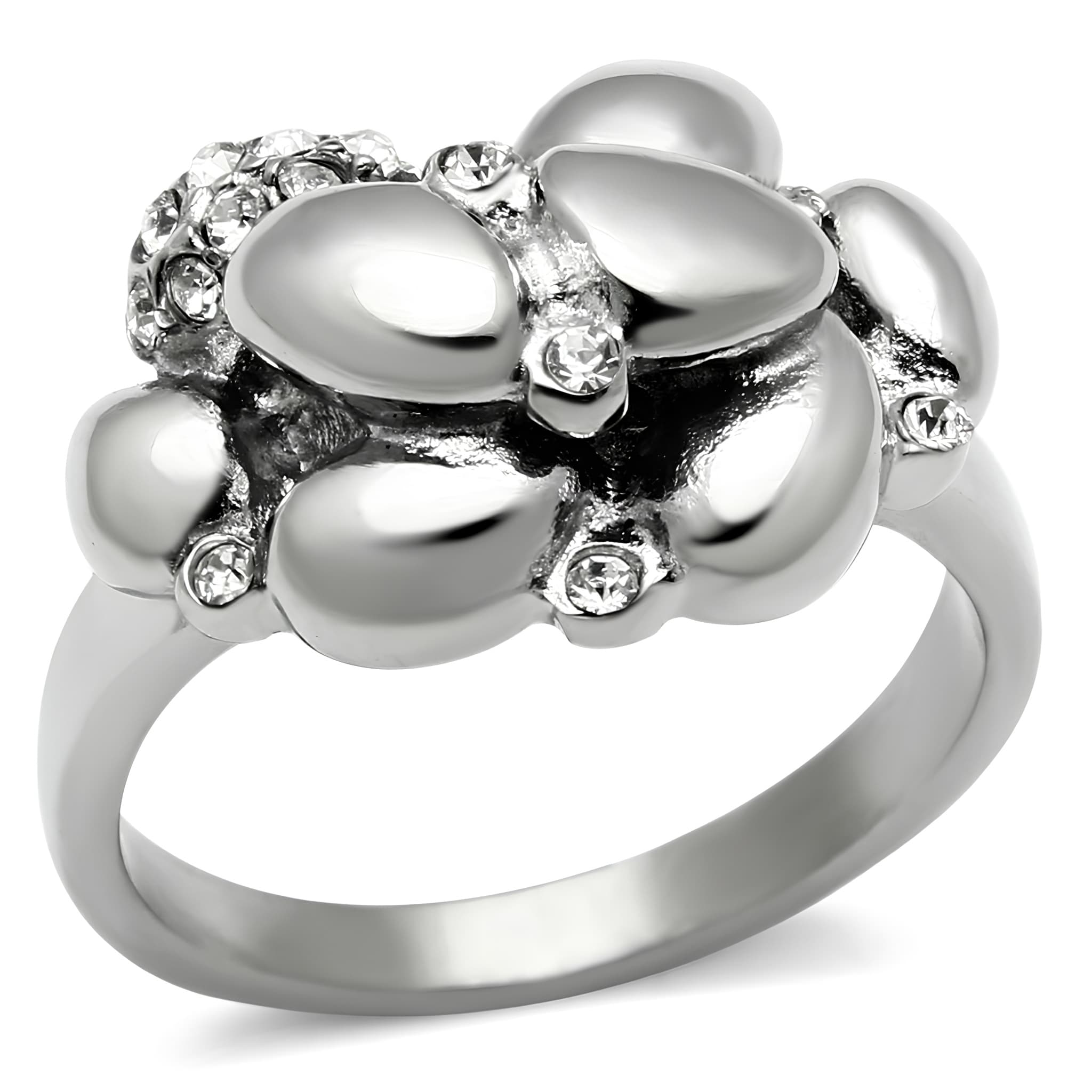 Stainless Steel CZ Pave Flower Petal Cocktail Ring