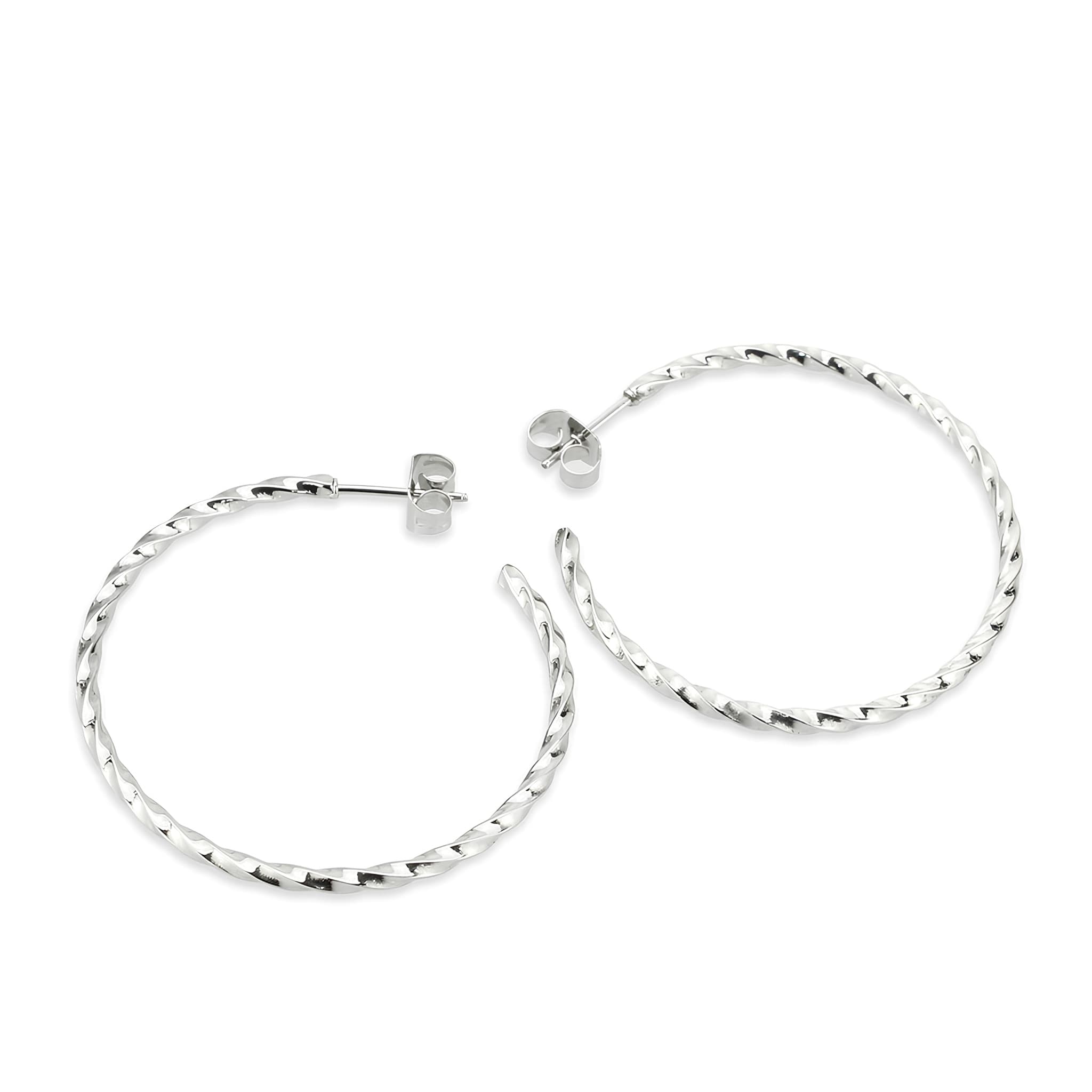 Stainless Steel Silver Polished Twisted Diamond Cut Hoop Earrings