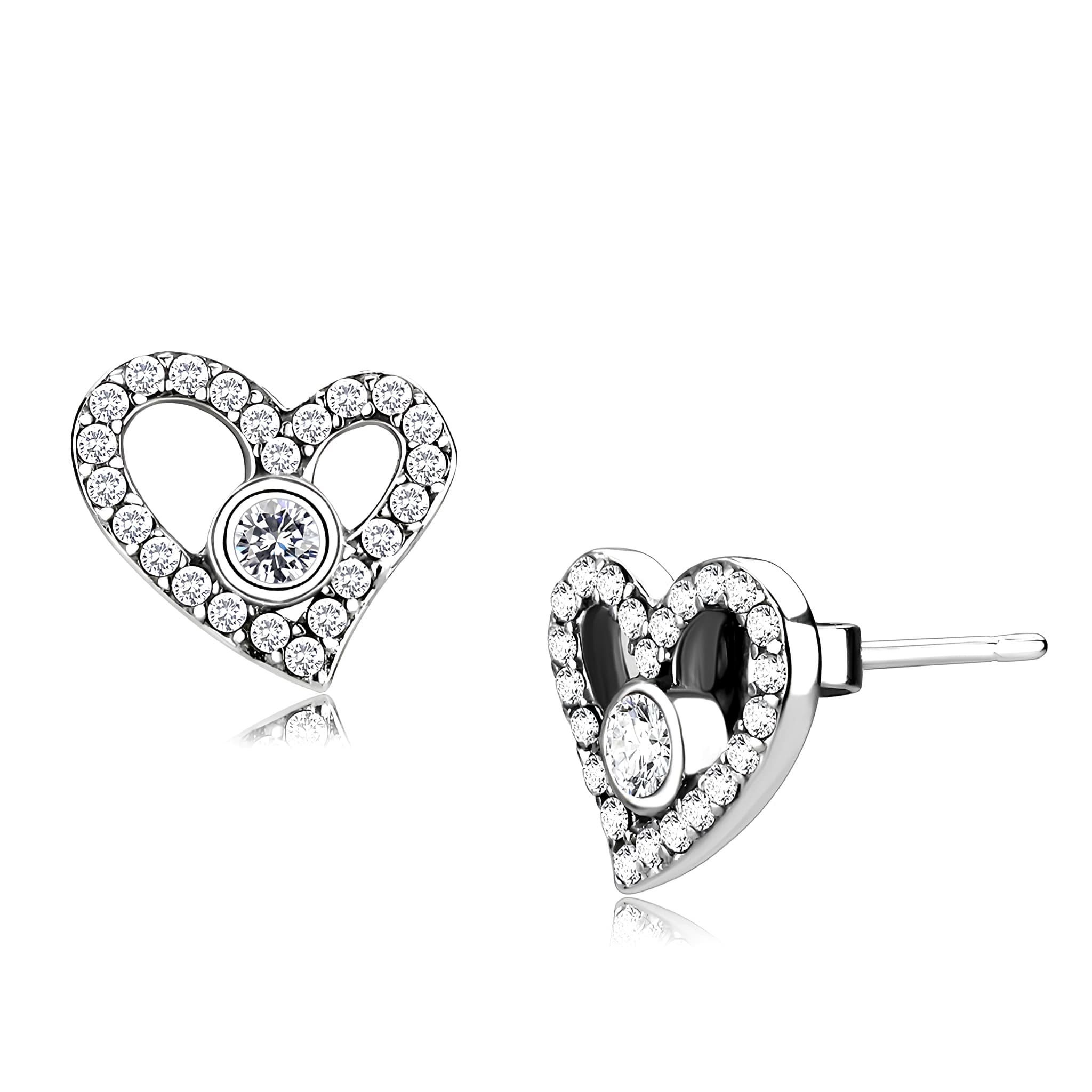 Stainless Steel CZ Pave Open Heart Stud Earrings
