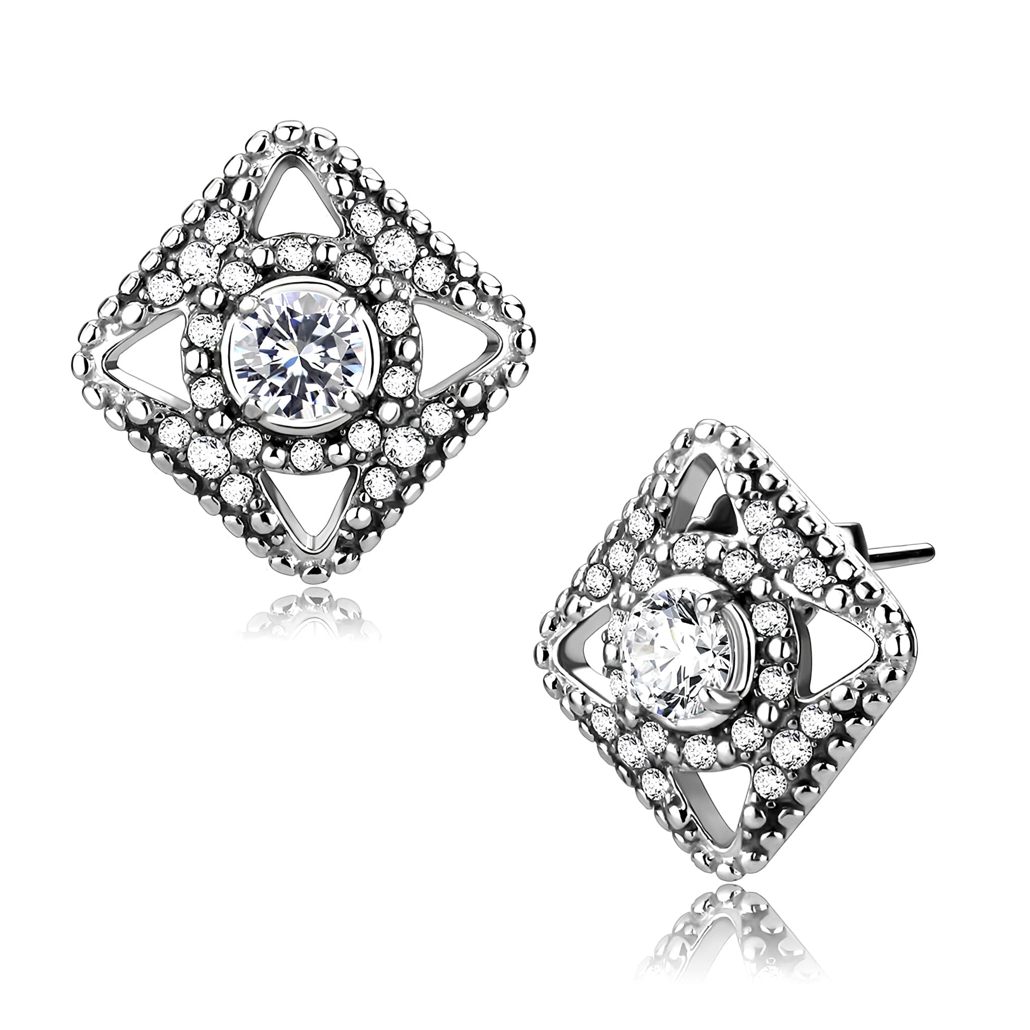 Stainless Steel CZ Round Bezel Diamond Frame Stud Earrings
