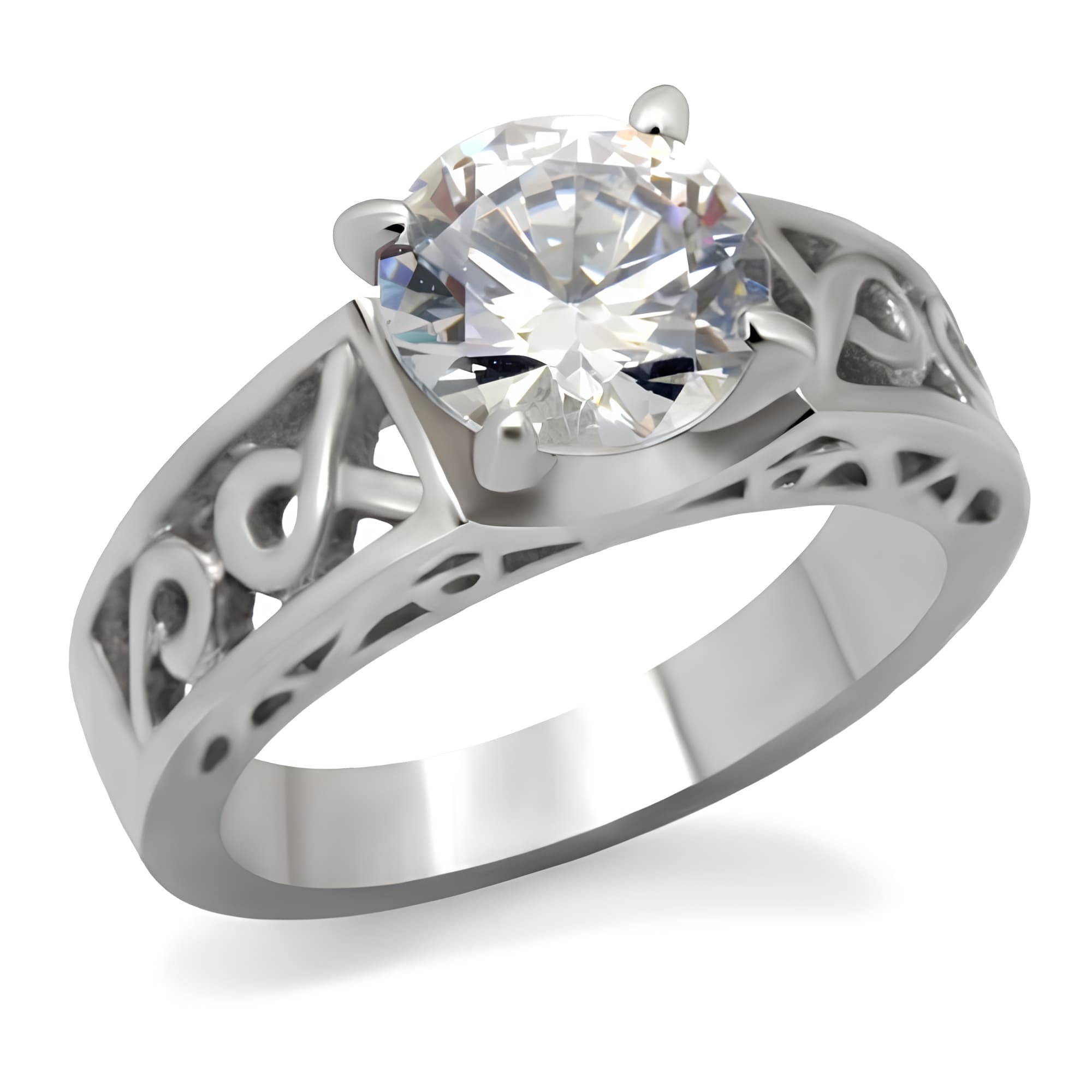 Stainless Steel CZ Round Solitaire Filigree Open Work Ring