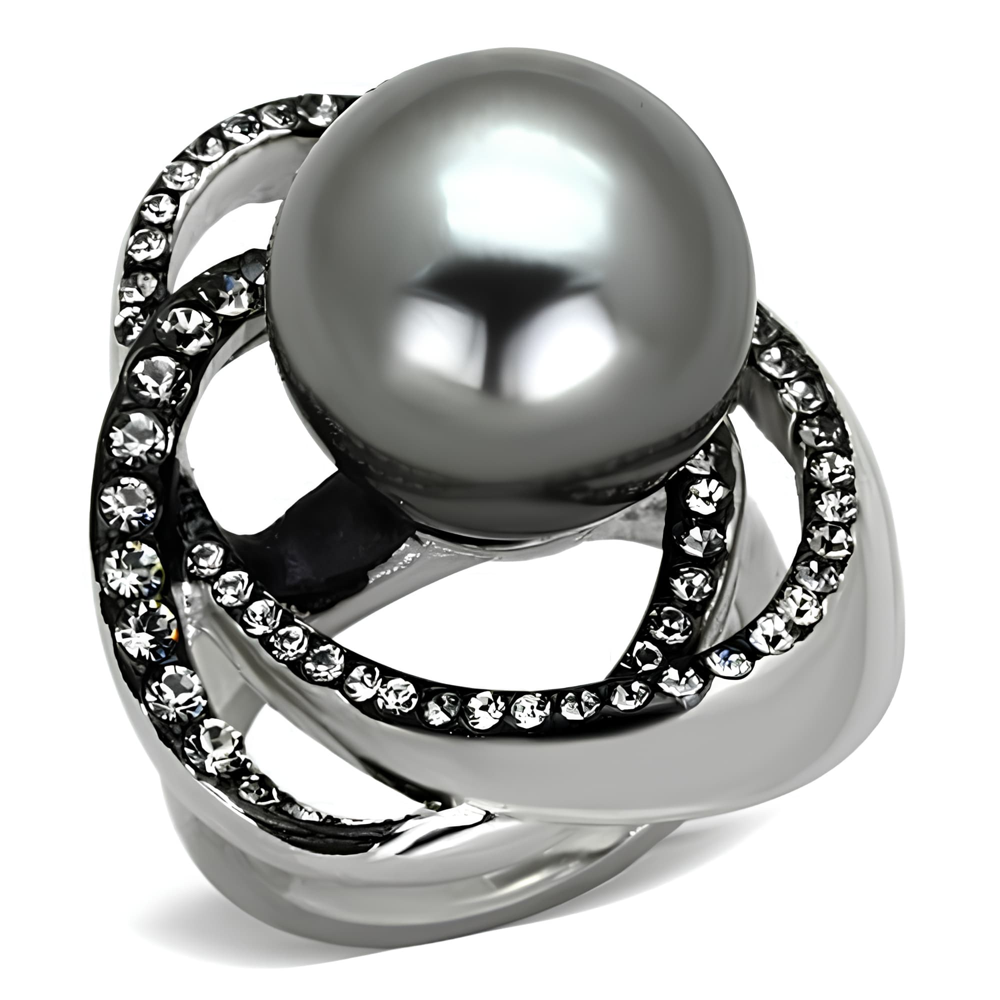 Stainless Steel Dark Pearl CZ Orbit Cage Ring