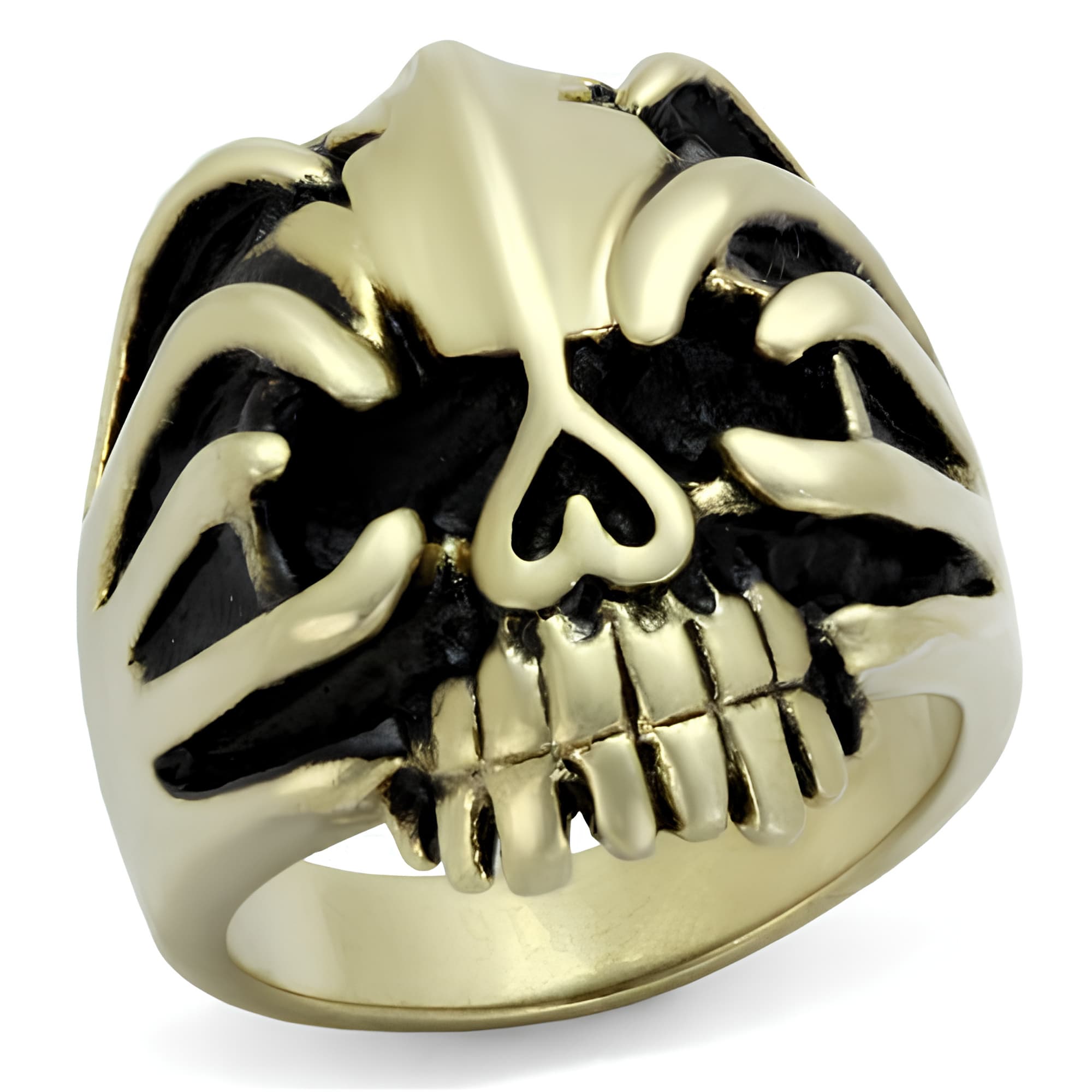 Stainless Steel Antiqued Brass Skull Flame Grinning Ring
