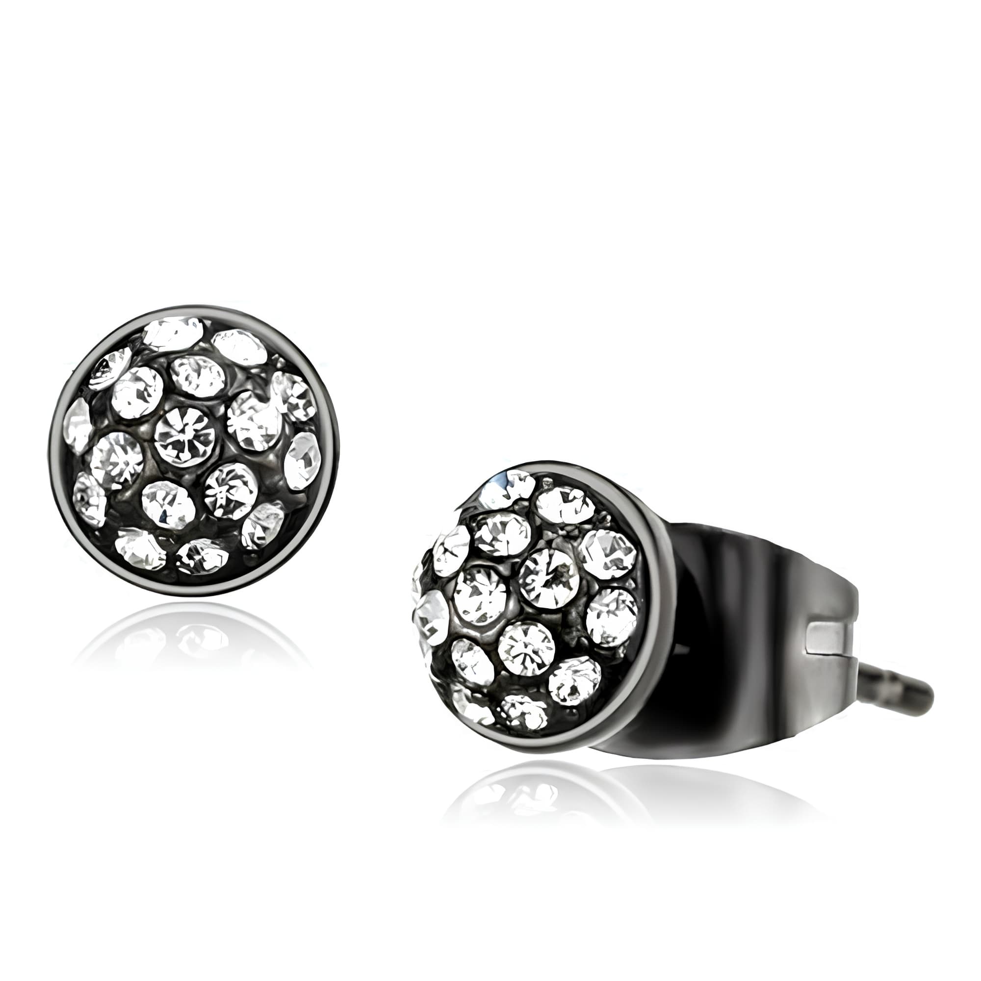 Stainless Steel Black IP Crystal Pave Round Flat Stud Earrings
