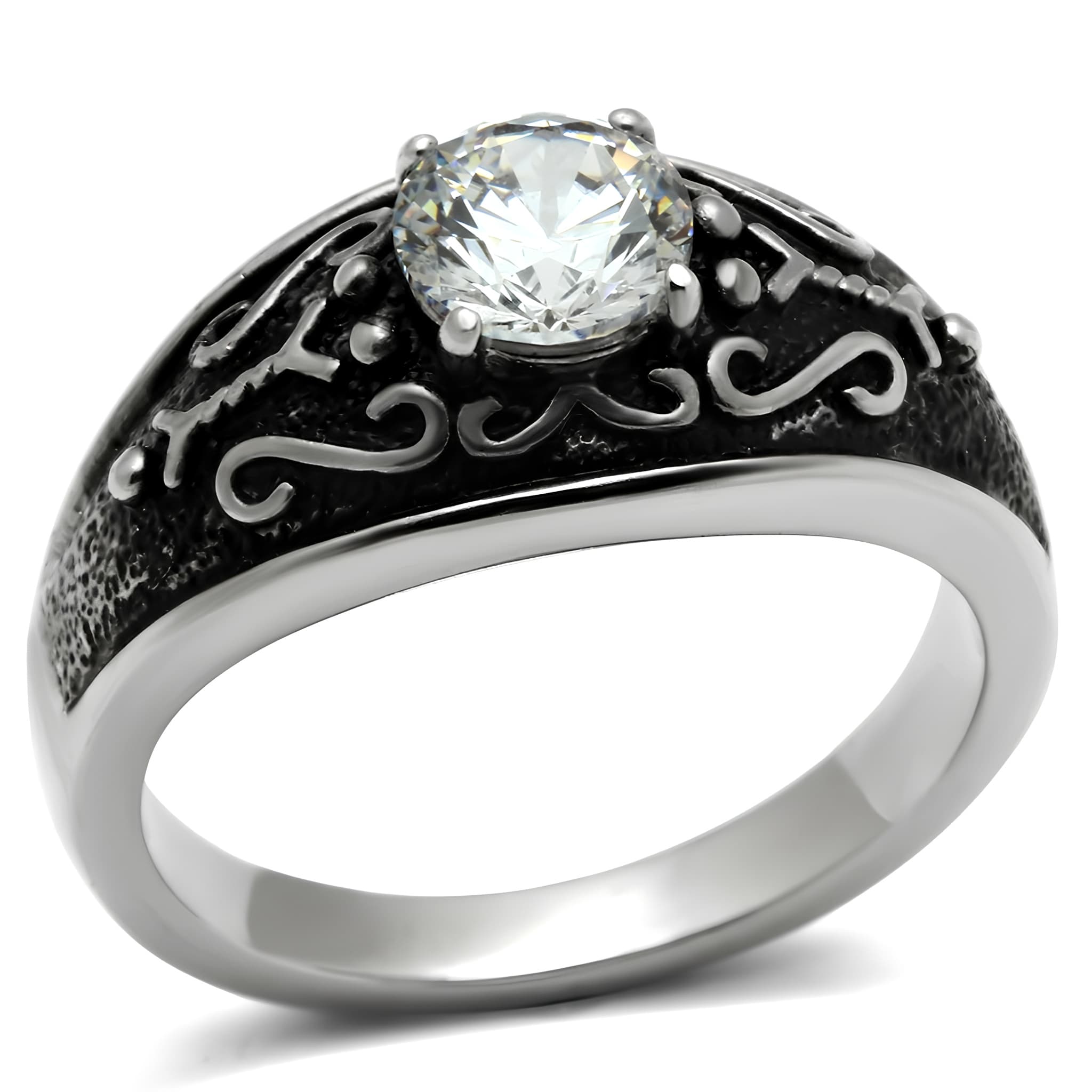 Stainless Steel Dark IP CZ Round Scroll Filigree Solitaire Ring